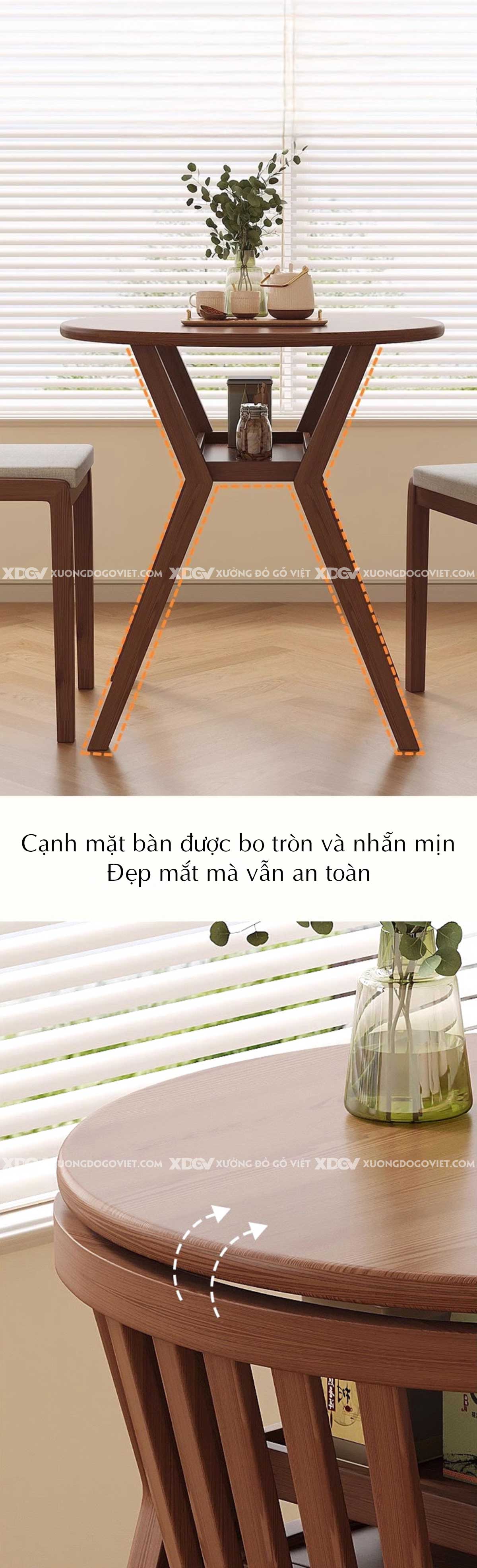 Bộ Bàn Ăn Tròn Gỗ Sồi Hiện Đại Thư Giãn Chân X Ghế Bọc Vải