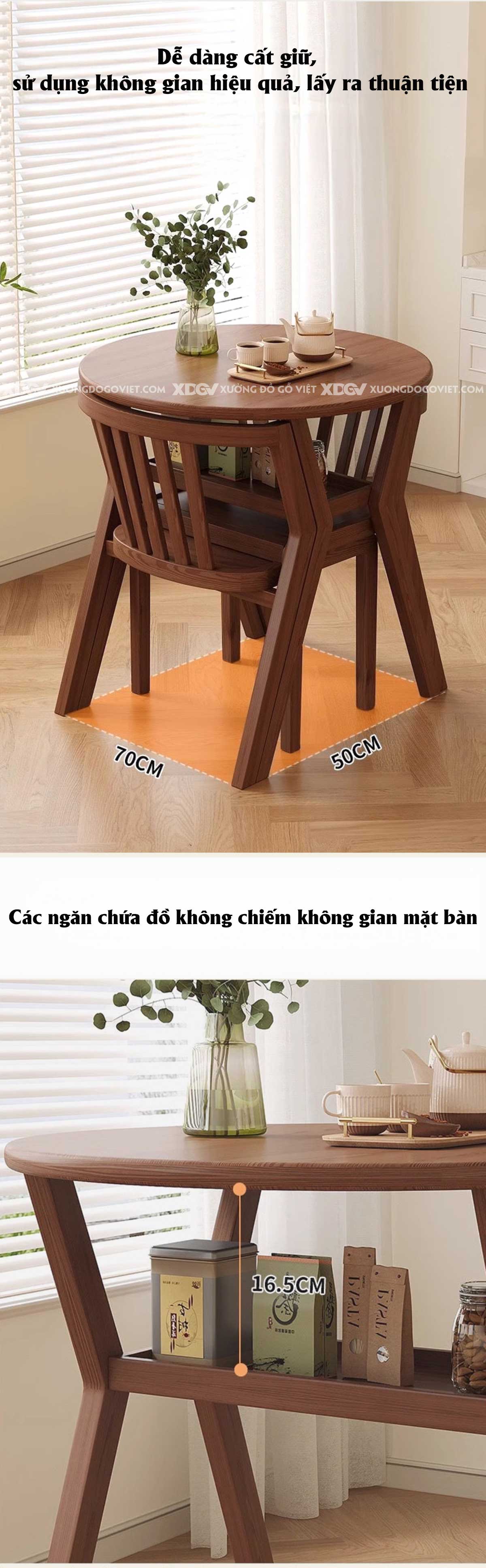 Bộ Bàn Ăn Tròn Gỗ Sồi Hiện Đại Thư Giãn Chân X Ghế Bọc Vải