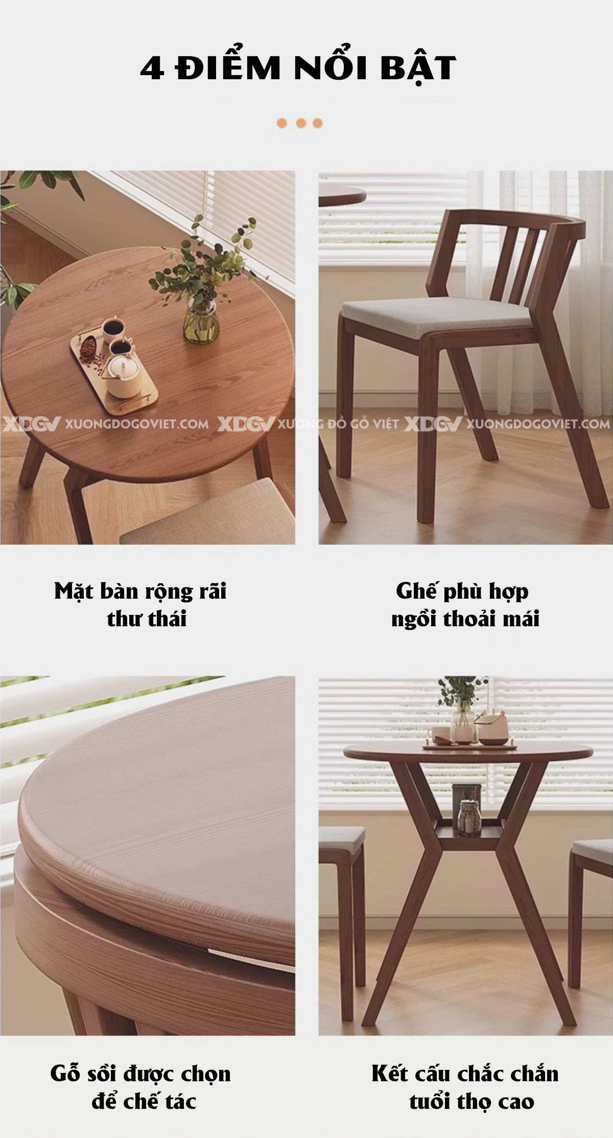 Bộ Bàn Ăn Tròn Gỗ Sồi Hiện Đại Thư Giãn Chân X Ghế Bọc Vải