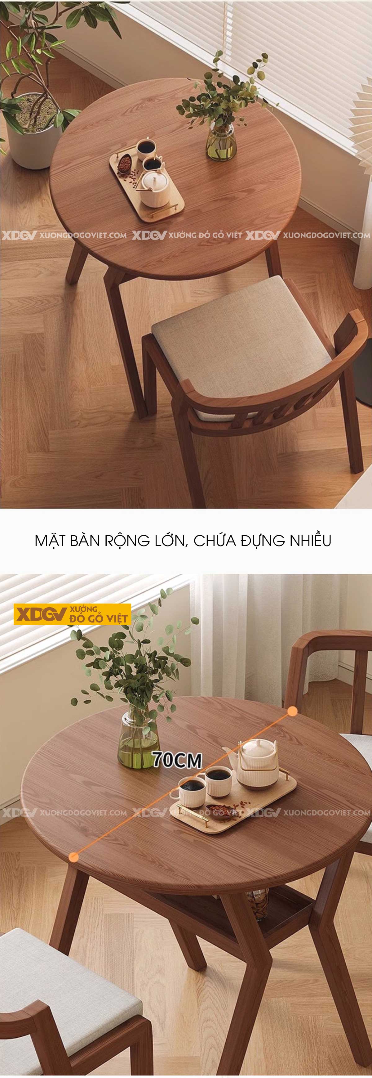 Bộ Bàn Ăn Tròn Gỗ Sồi Hiện Đại Thư Giãn Chân X Ghế Bọc Vải