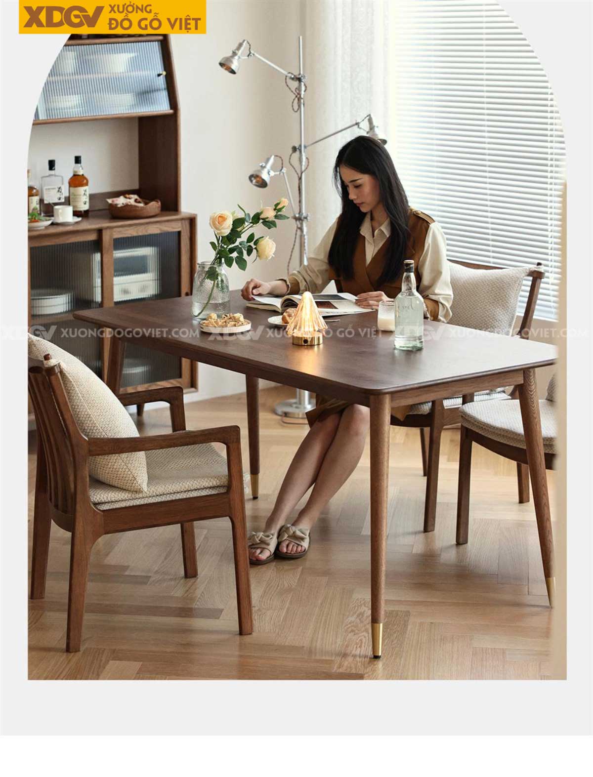 Bộ Bàn Ghế Ăn Gỗ Sồi Mỹ Hiện Đại Tối Giản Chân Bọc Kim Loại