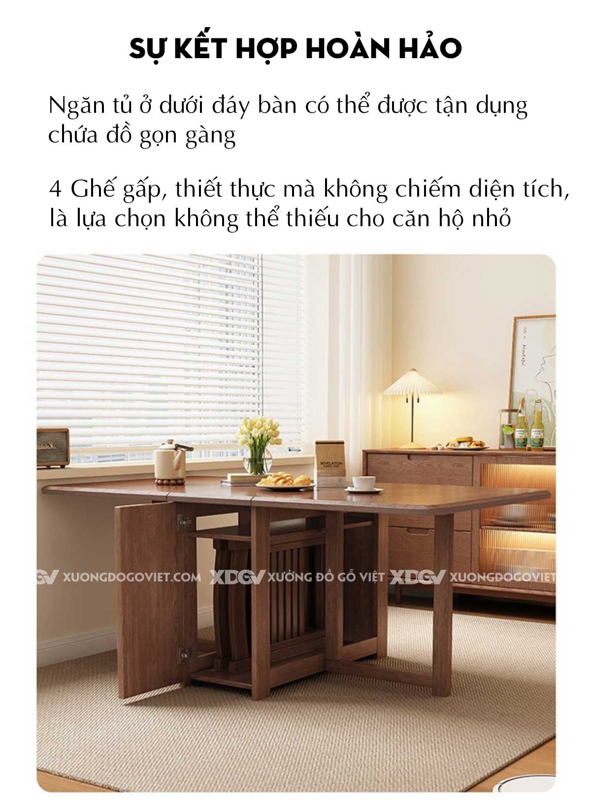 Bộ Bàn Ghế Ăn Gỗ Sồi Thông Minh Gấp Gọn 3 Trong 1 Linh Hoạt
