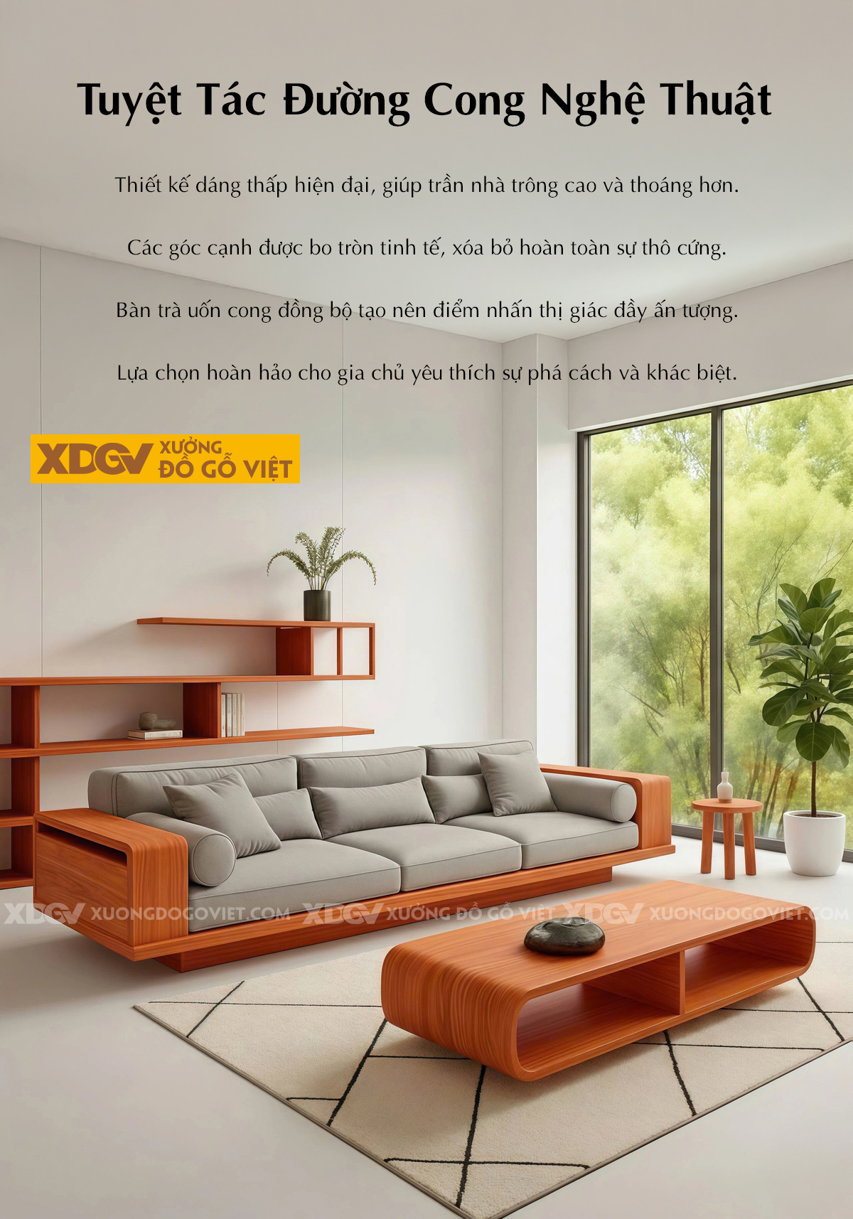 Bộ Bàn ghế Sofa 1 Văng Dáng Thấp Kèm Bàn Trà Oval Độc Đáo