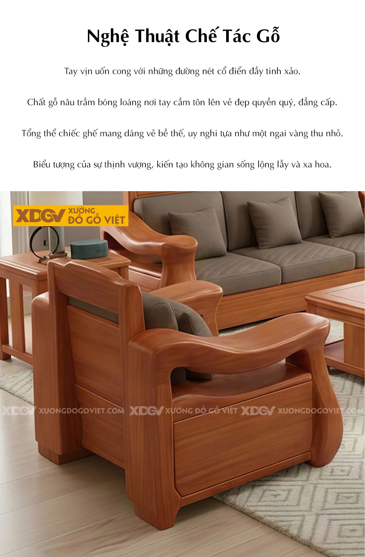 Bộ Bàn Ghế Sofa Gỗ Gõ Đỏ Thời Thượng Chân Ngắn Vững Chãi