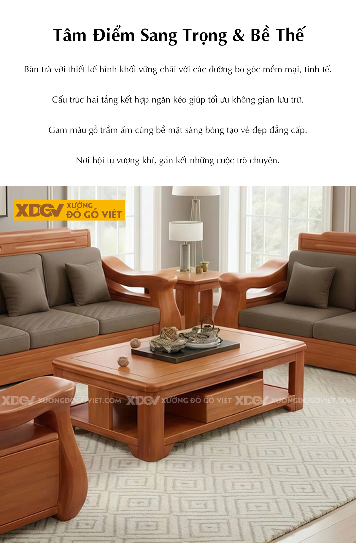 Bộ Bàn Ghế Sofa Gỗ Gõ Đỏ Thời Thượng Chân Ngắn Vững Chãi