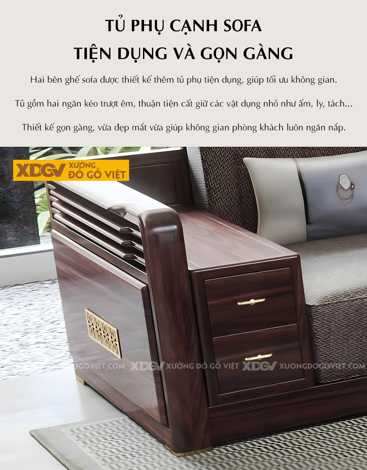 Bộ Bàn Ghế Sofa Óc Chó Phòng Khách Hiện Đại Tay Gộp Ngăn Kéo