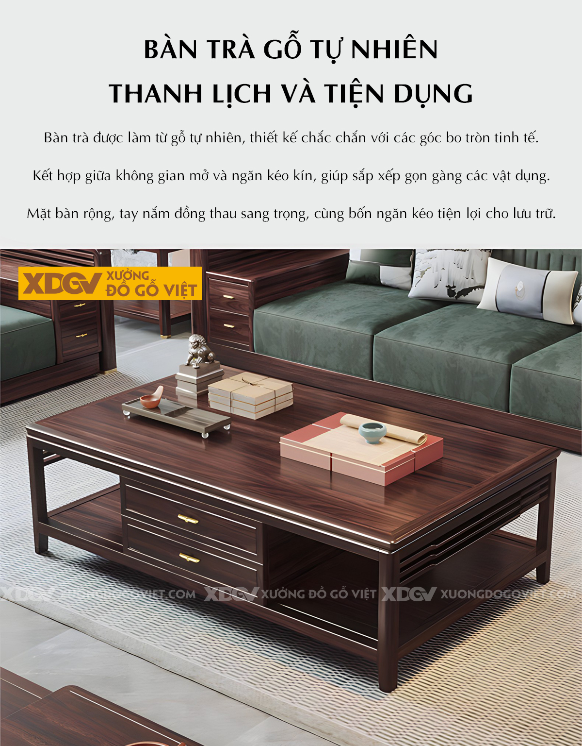 Bộ Bàn Ghế Sofa Óc Chó Phòng Khách Hiện Đại Tay Gộp Ngăn Kéo