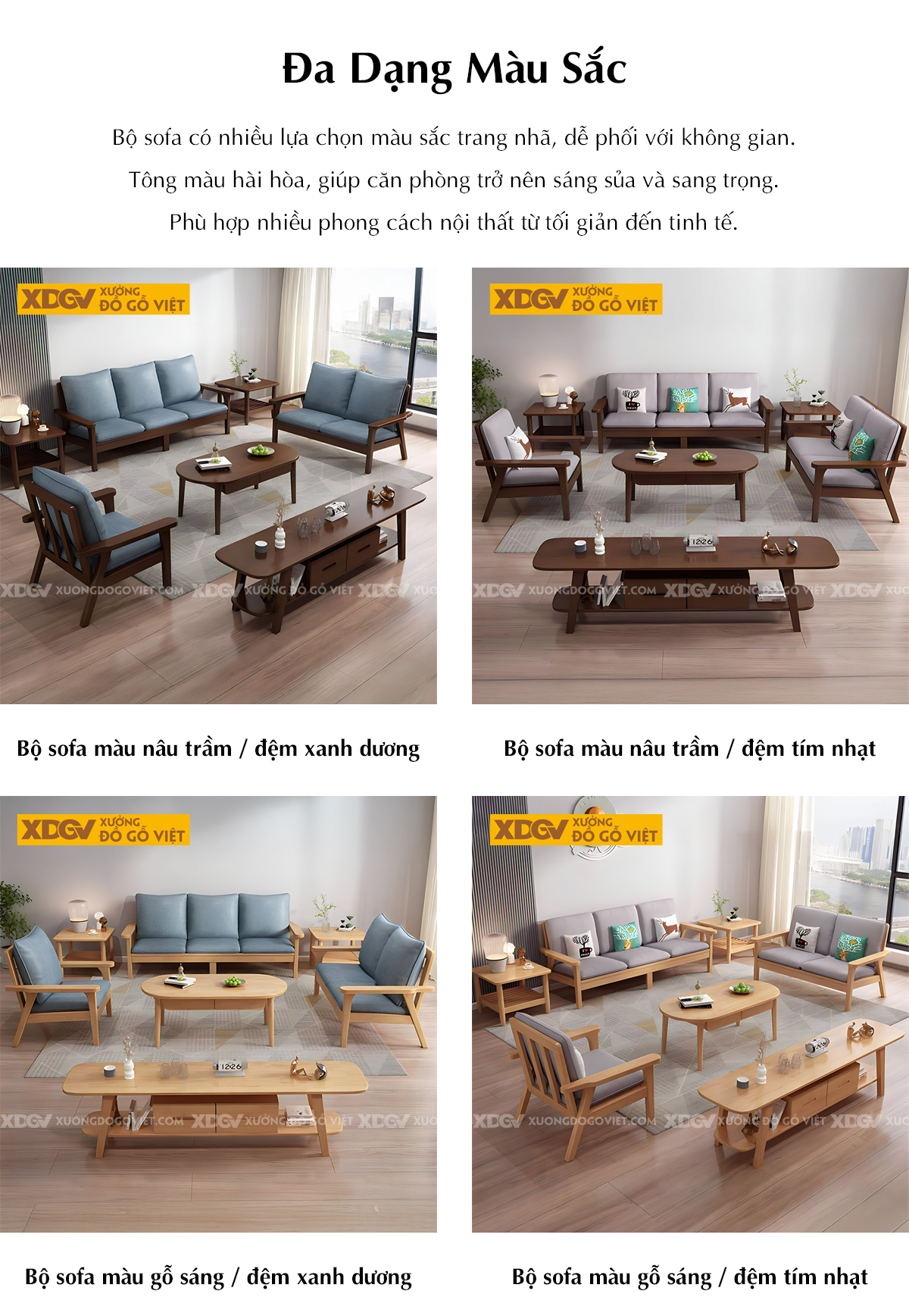 Bộ Bàn Ghế Sofa Phòng Khách Hiện Đại Chân Nghiêng Độc Đáo