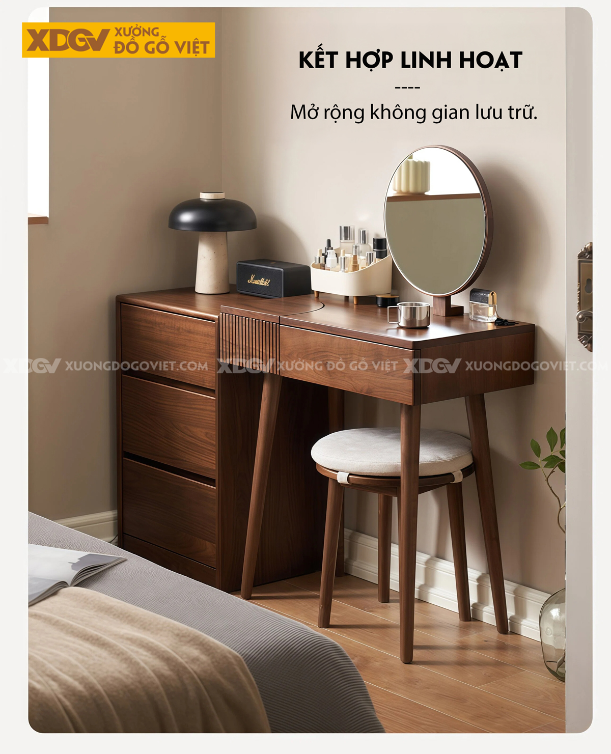 Bộ Bàn Trang Điểm Để Phòng Ngủ Gỗ Óc Chó Vách Nan Trang Trí