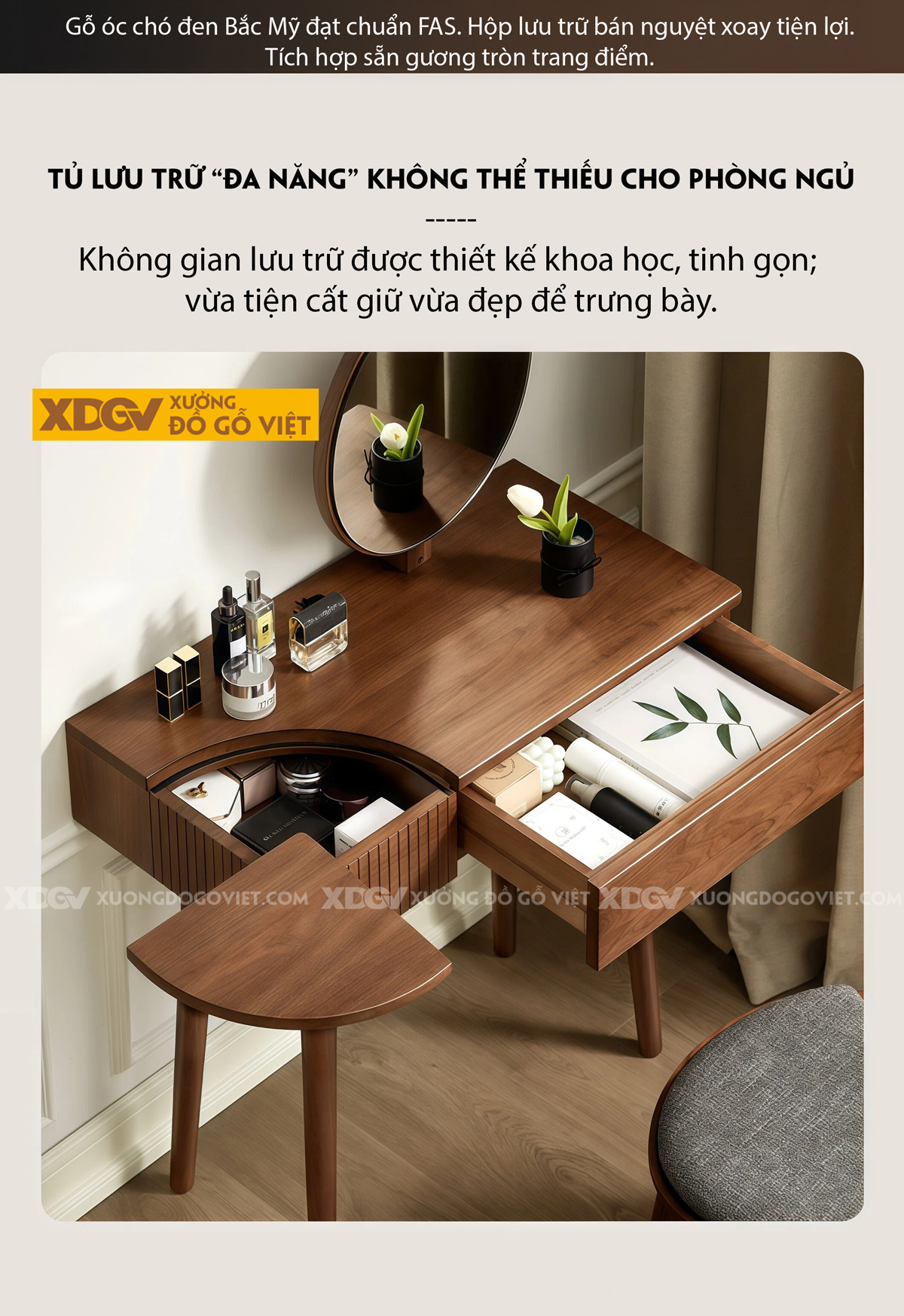 Bộ Bàn Trang Điểm Để Phòng Ngủ Gỗ Óc Chó Vách Nan Trang Trí