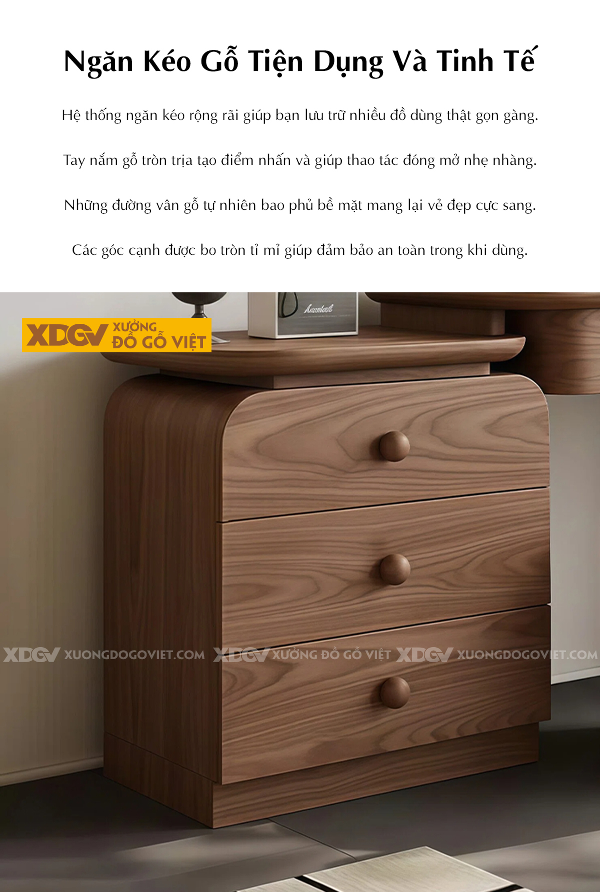 Bộ Bàn Trang Điểm Gỗ Óc Chó Phòng Ngủ Dày Dặn Bo Góc Mềm Mại