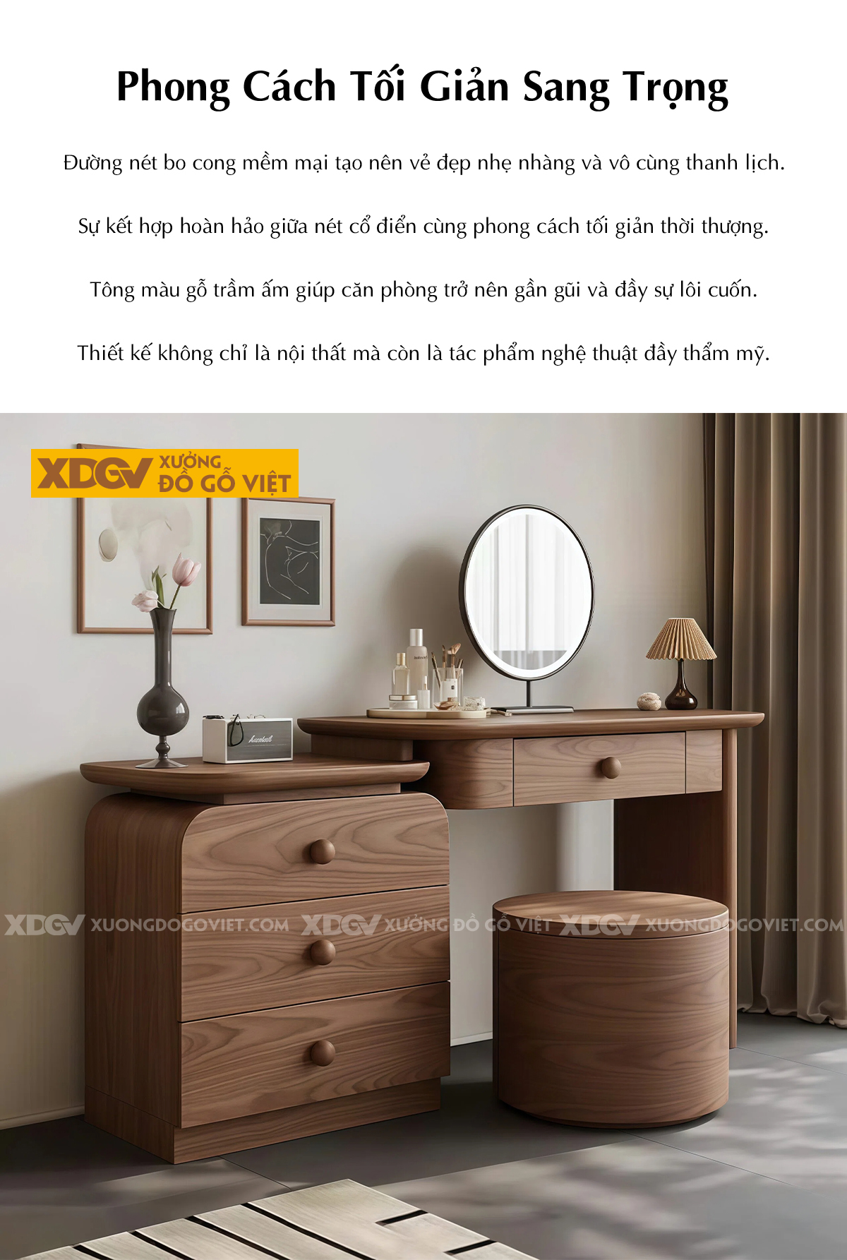 Bộ Bàn Trang Điểm Gỗ Óc Chó Phòng Ngủ Dày Dặn Bo Góc Mềm Mại