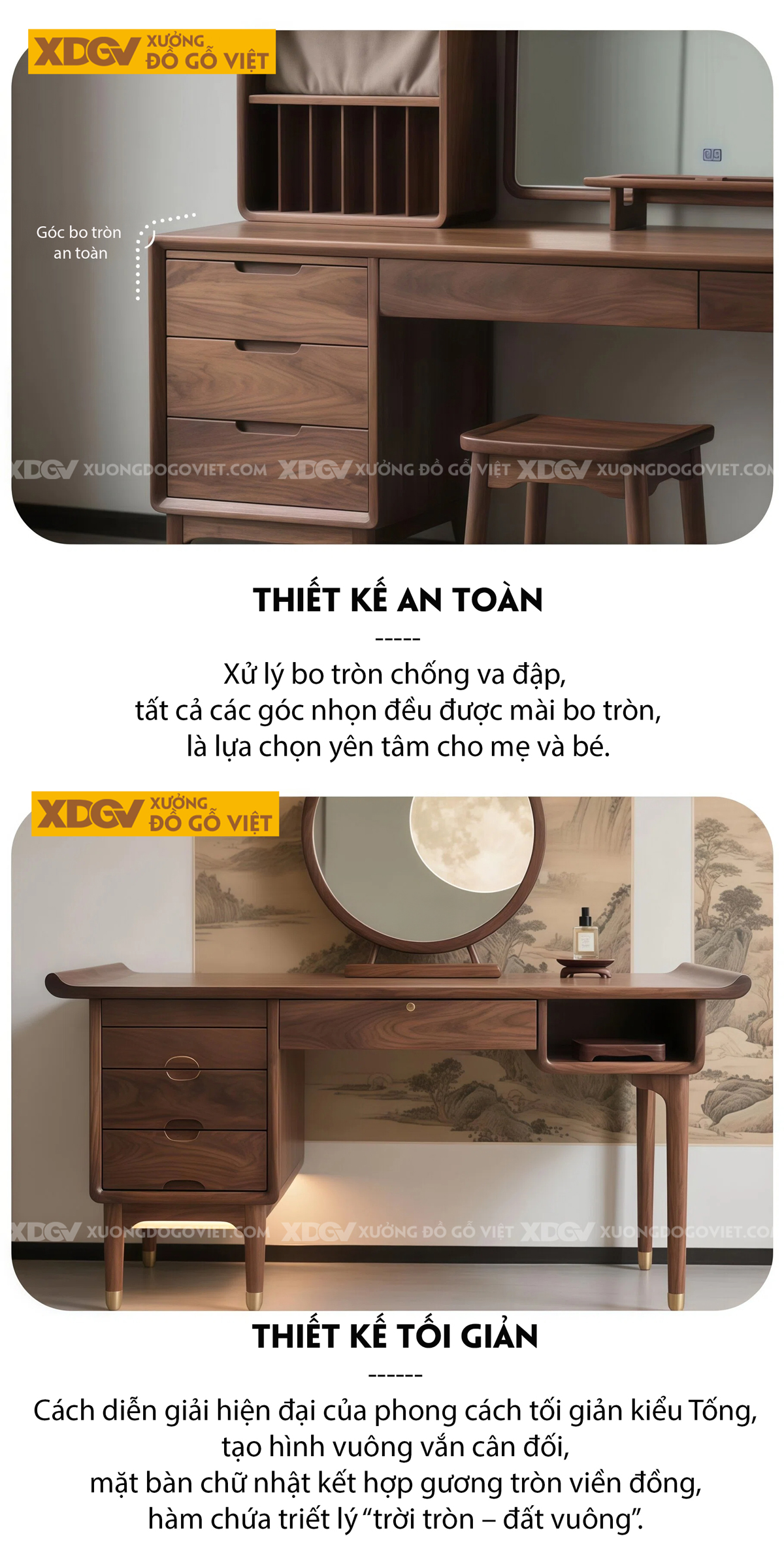 Bộ Bàn Trang Điểm Hiện Đại Gỗ Óc Chó Kết Hợp Piton Nâng Hạ