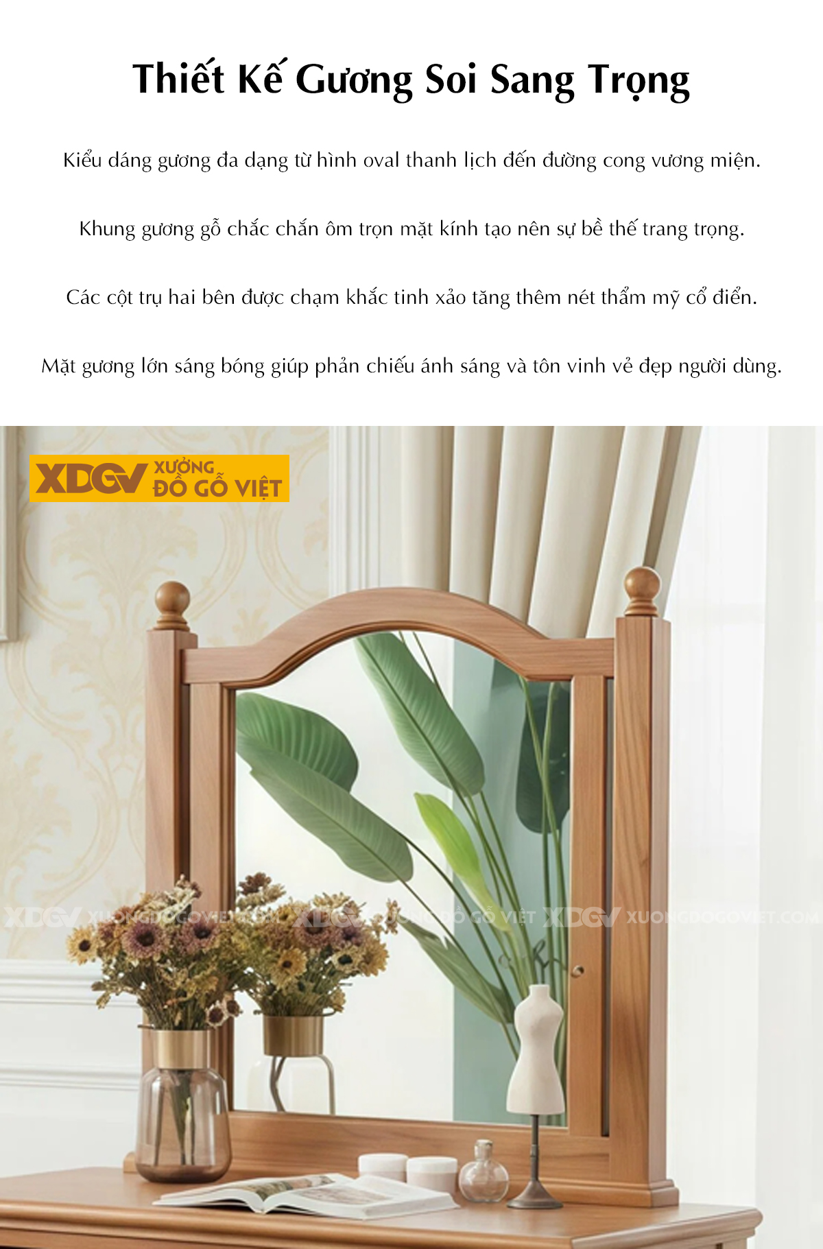 Bộ Bàn Trang Điểm Phòng Ngủ Gõ Đỏ Trụ Tiện Phối Gương Oval