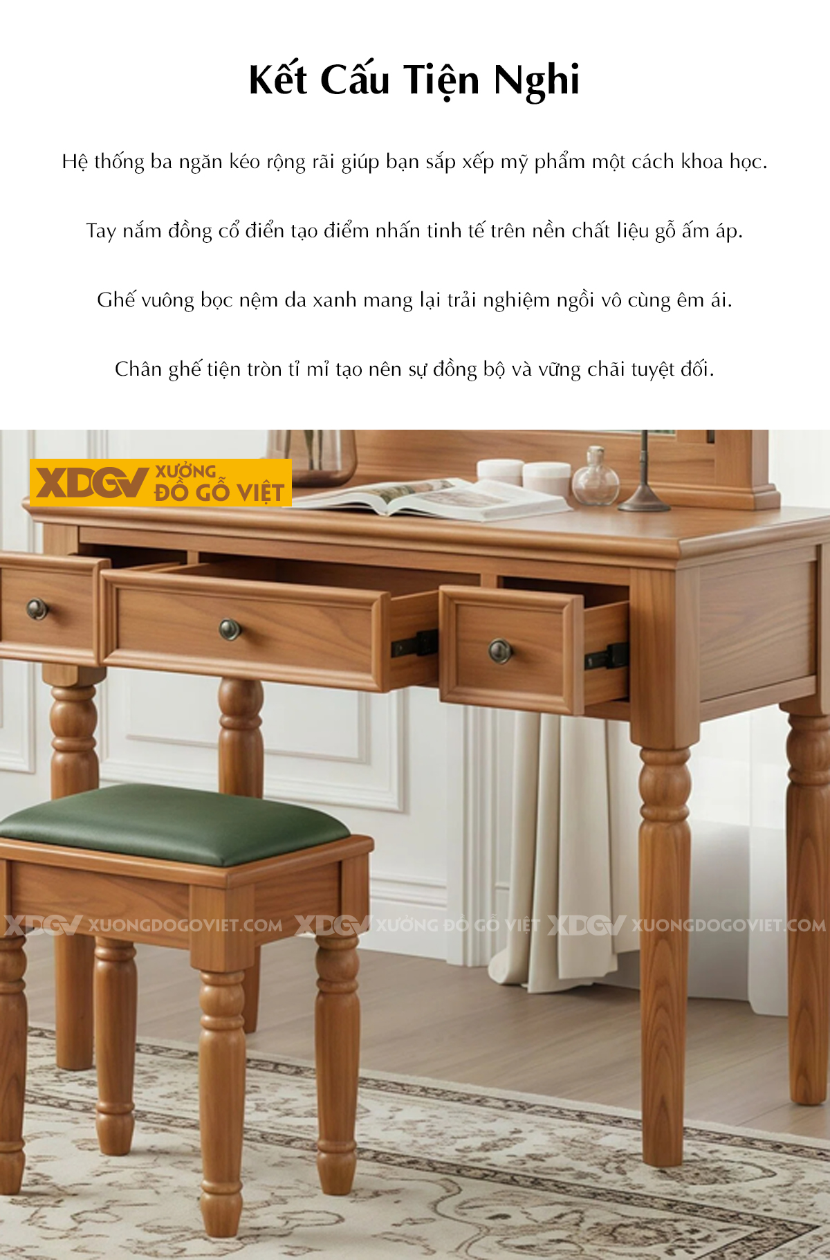 Bộ Bàn Trang Điểm Phòng Ngủ Gõ Đỏ Trụ Tiện Phối Gương Oval