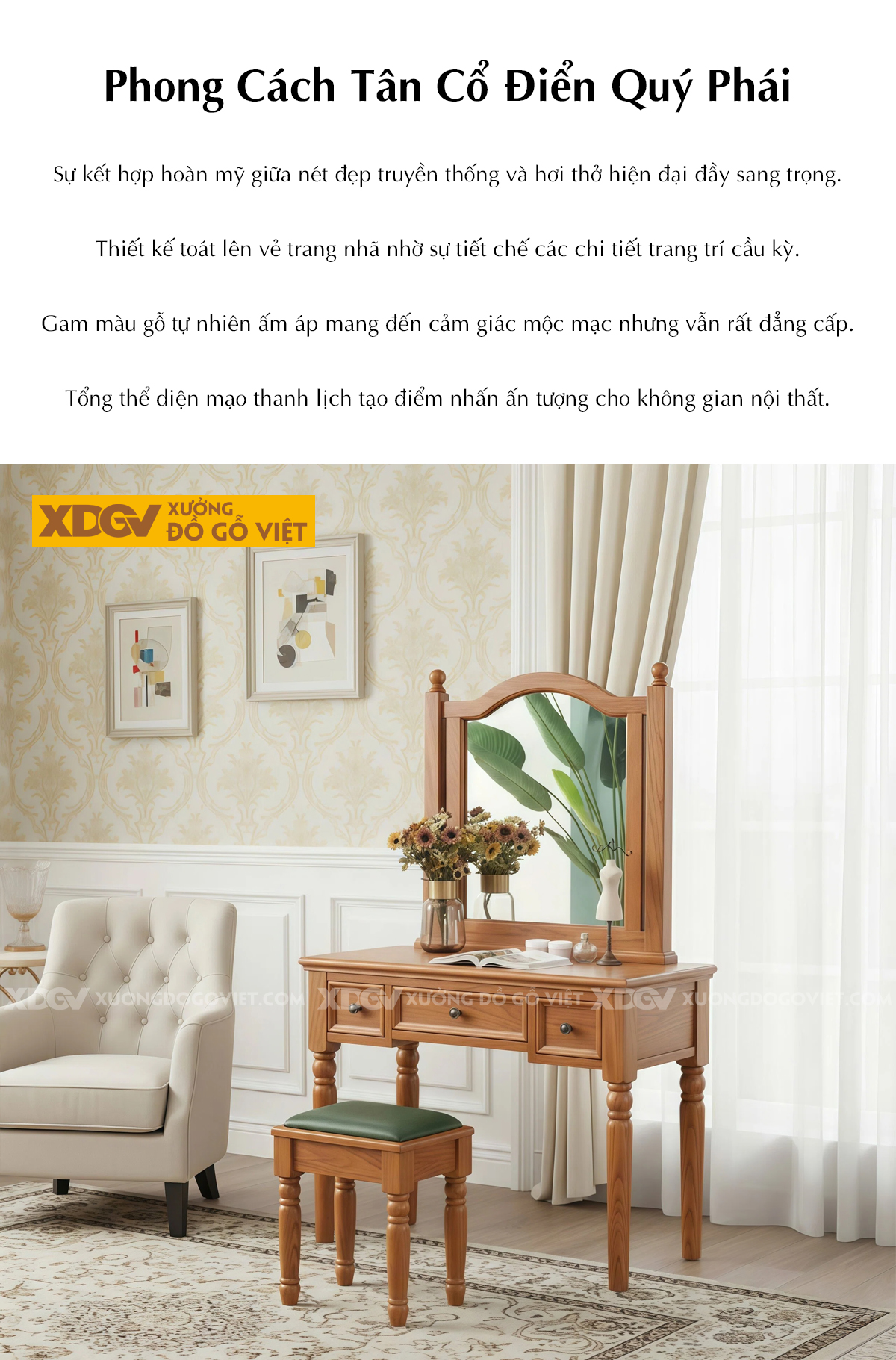 Bộ Bàn Trang Điểm Phòng Ngủ Gõ Đỏ Trụ Tiện Phối Gương Oval