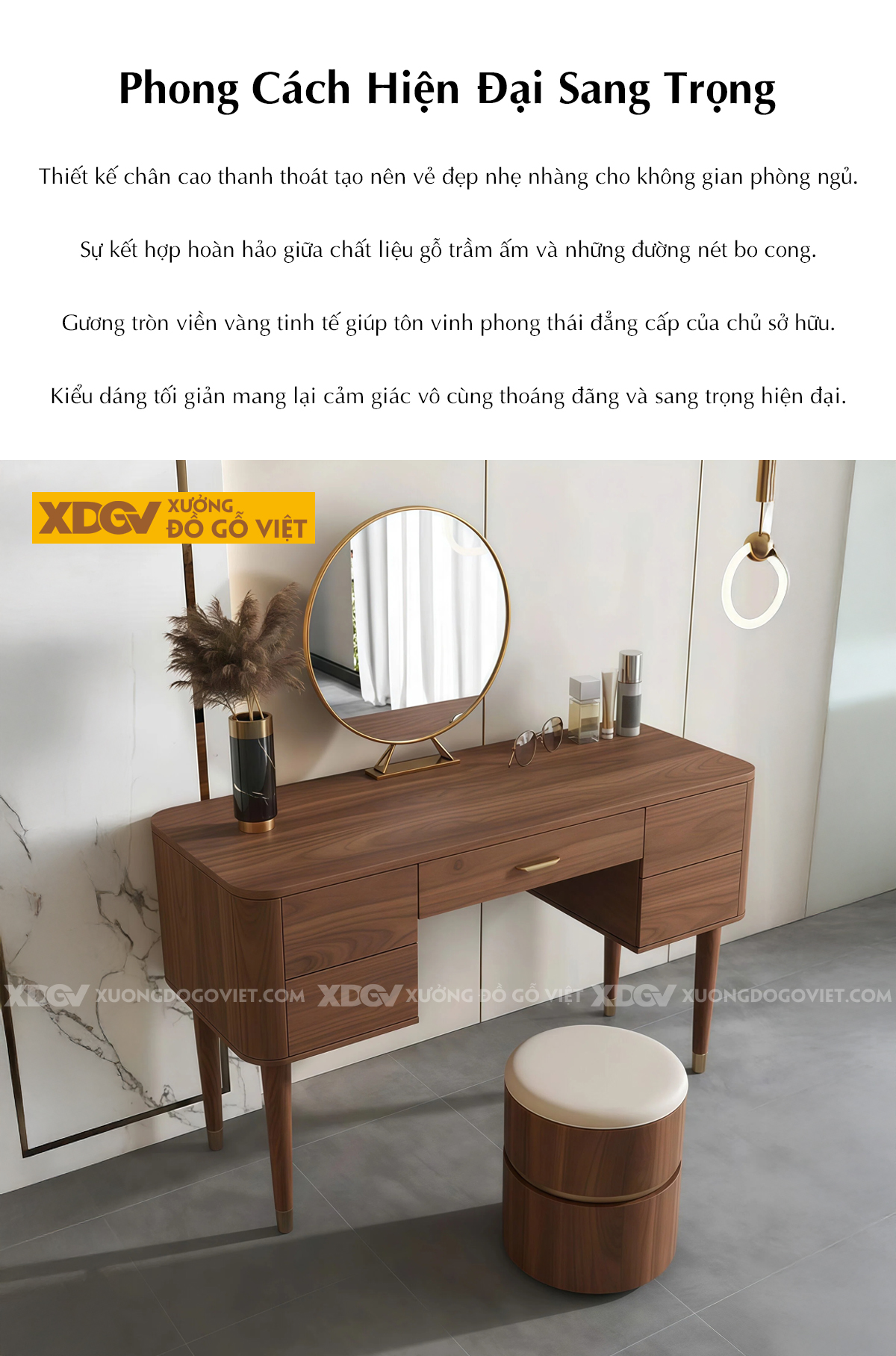 Bộ Bàn Trang Điểm Phòng Ngủ Gỗ Óc Chó Dáng Vuông Phối Gương