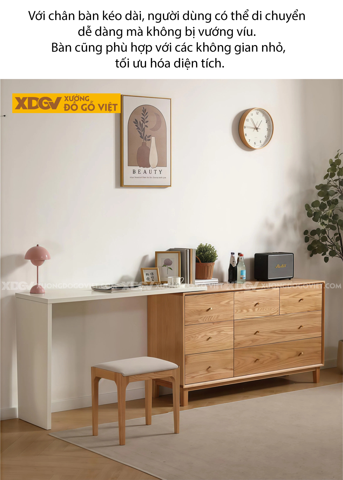 Bộ Bàn Trang Điểm Phòng Ngủ Gỗ Sồi Bo Góc Chân Côn Kèm Gương