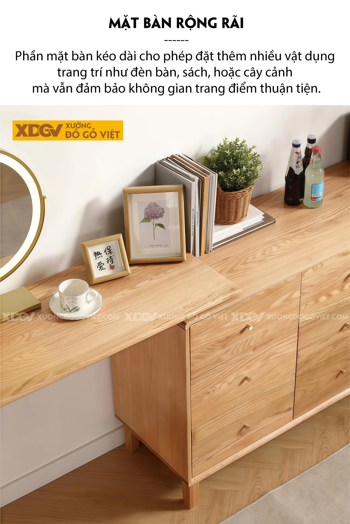 Bộ Bàn Trang Điểm Phòng Ngủ Gỗ Sồi Bo Góc Chân Côn Kèm Gương