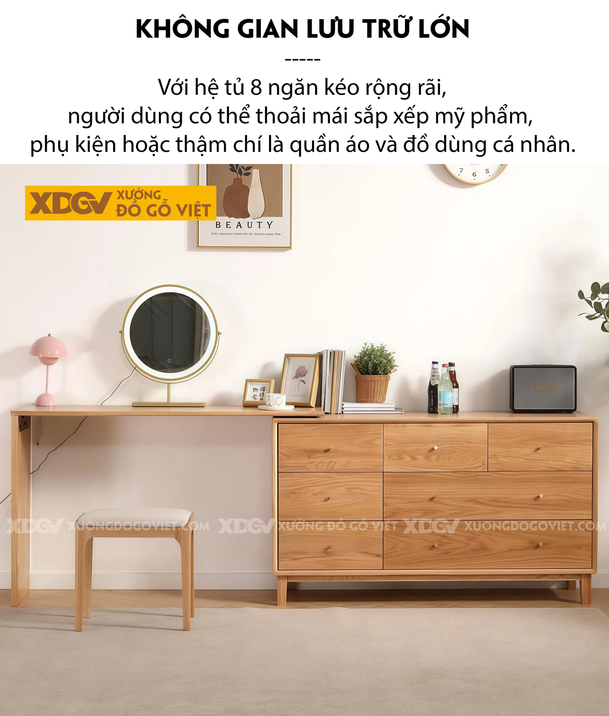 Bộ Bàn Trang Điểm Phòng Ngủ Gỗ Sồi Bo Góc Chân Côn Kèm Gương