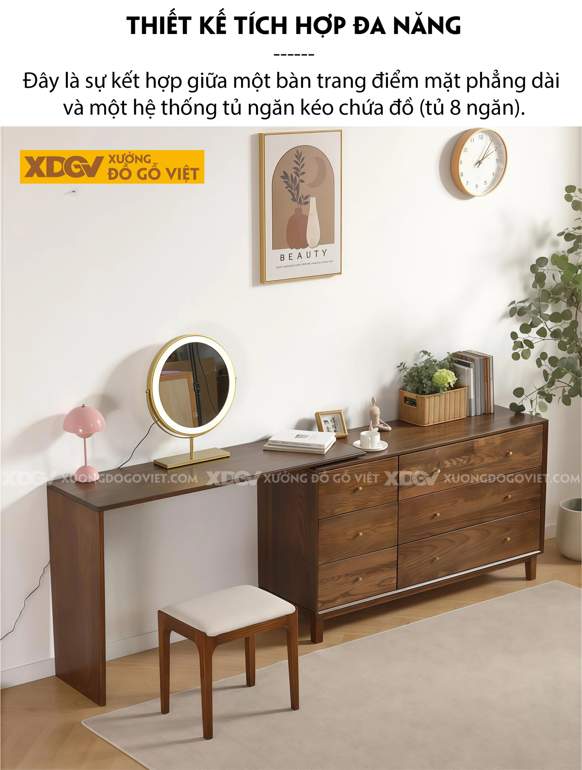 Bộ Bàn Trang Điểm Phòng Ngủ Gỗ Sồi Bo Góc Chân Côn Kèm Gương