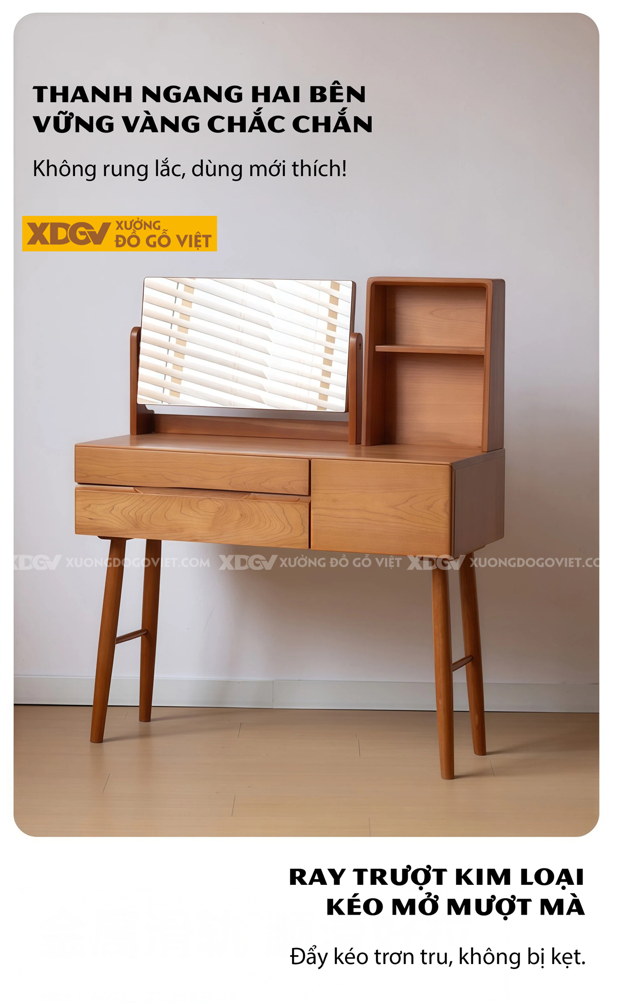 Bộ Bàn Trang Điểm Phòng Ngủ Gỗ Sồi Chân Cao Chữ H Phối Gương