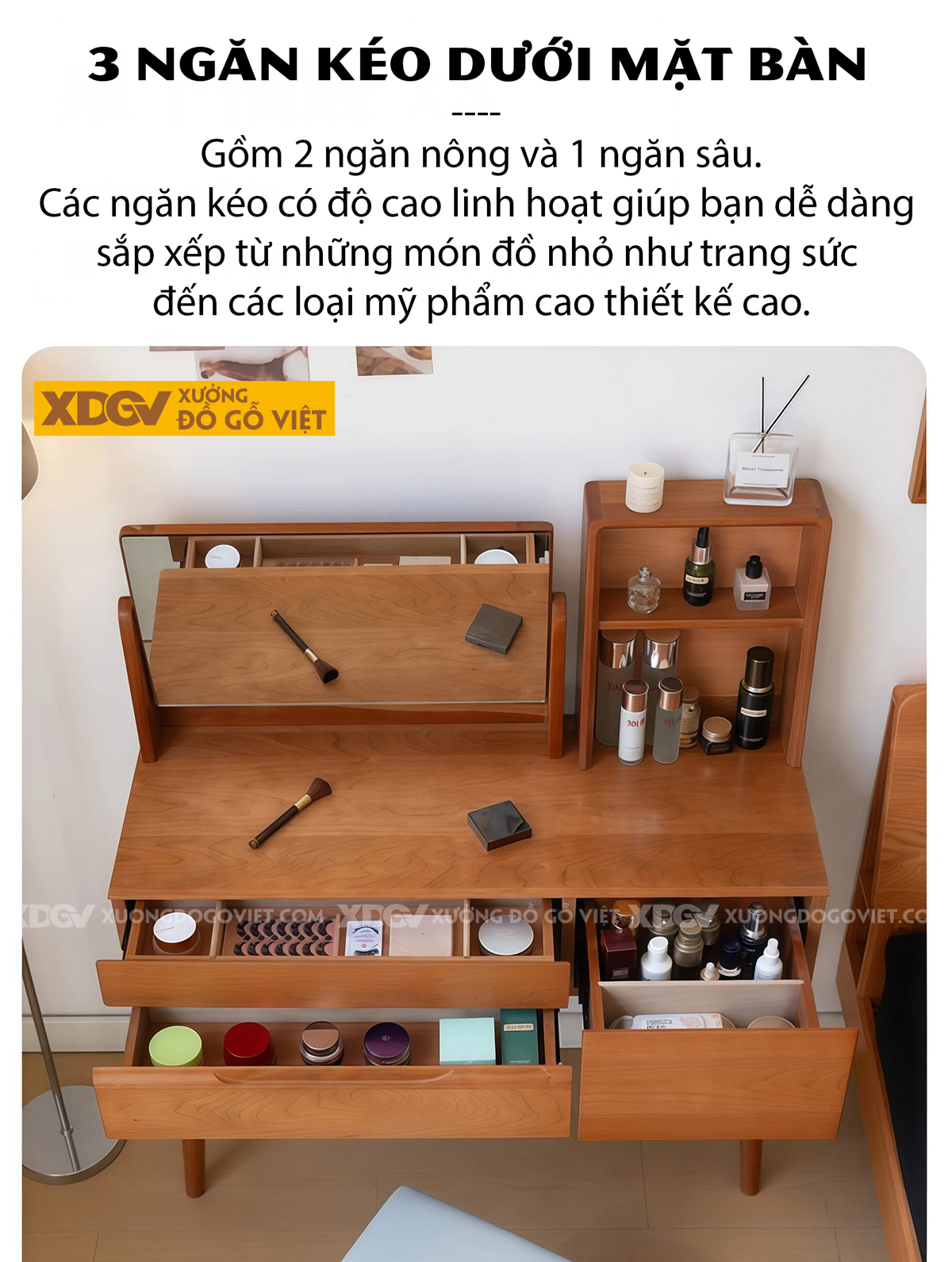 Bộ Bàn Trang Điểm Phòng Ngủ Gỗ Sồi Chân Cao Chữ H Phối Gương
