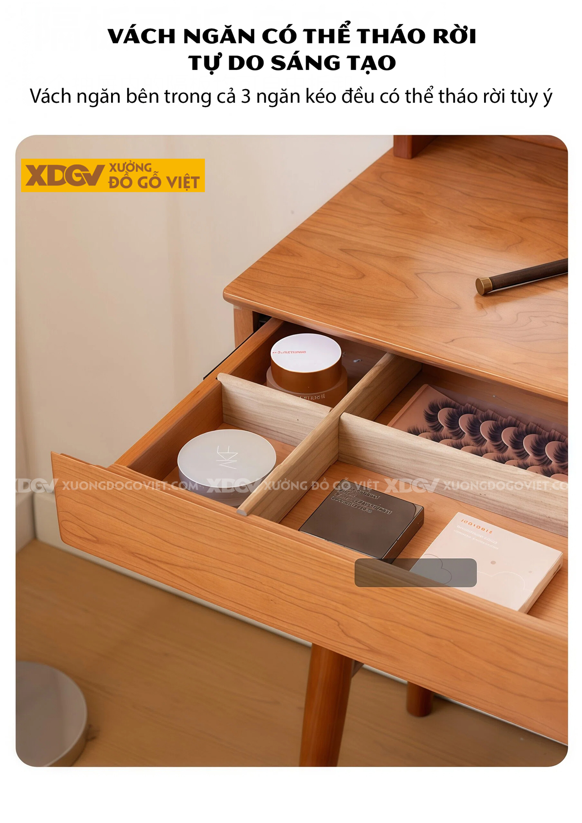 Bộ Bàn Trang Điểm Phòng Ngủ Gỗ Sồi Chân Cao Chữ H Phối Gương