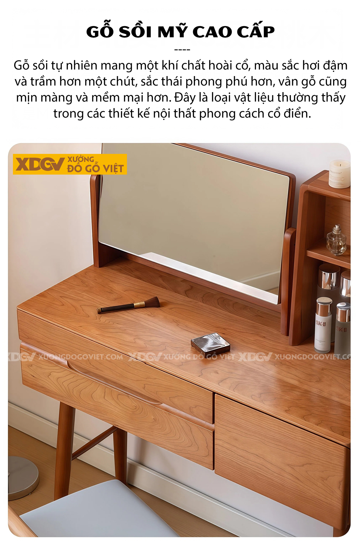 Bộ Bàn Trang Điểm Phòng Ngủ Gỗ Sồi Chân Cao Chữ H Phối Gương