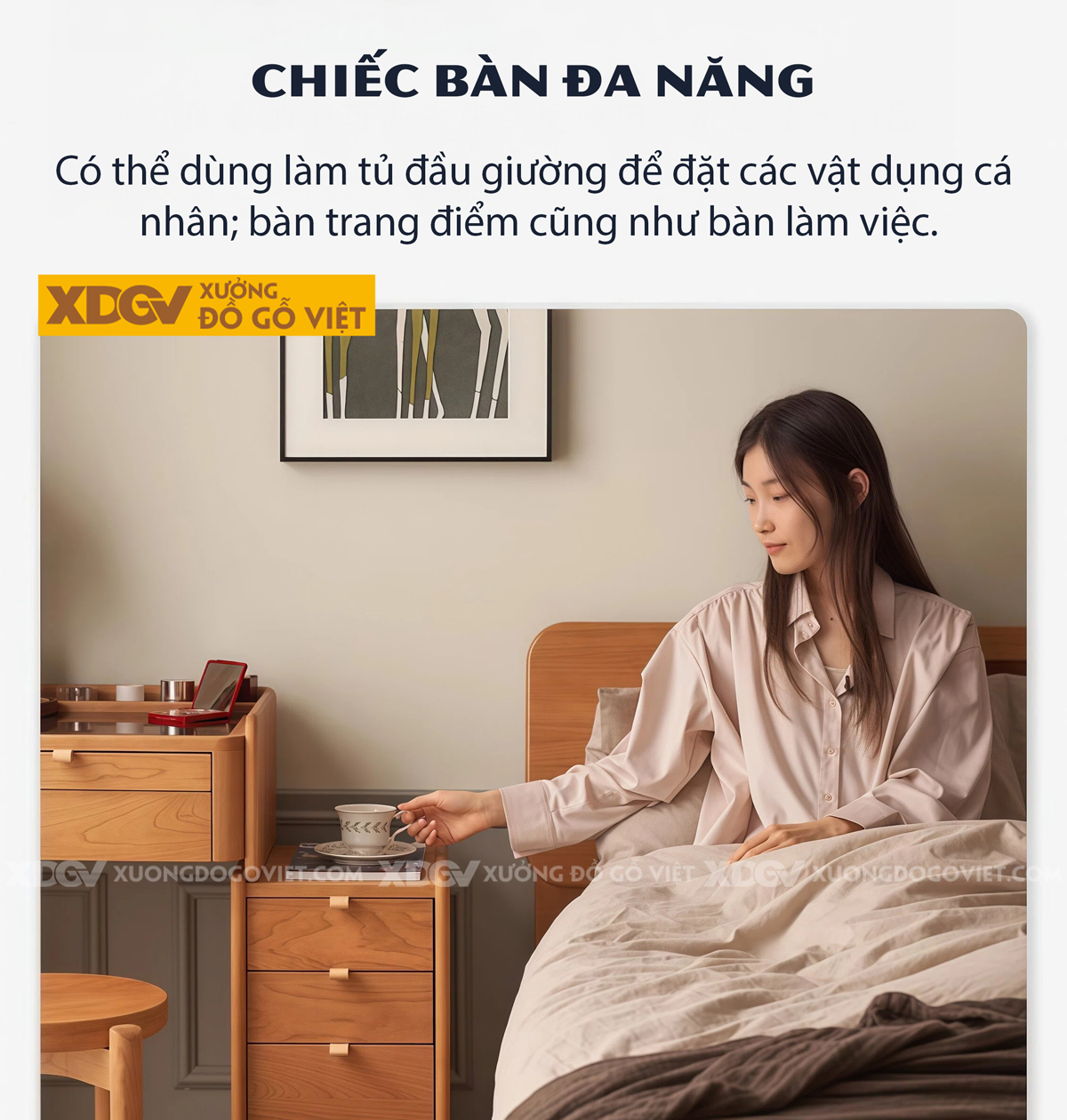 Bộ Bàn Trang Điểm Phòng Ngủ Gỗ Sồi Thiết Kế Đa Tầng Phối Tủ