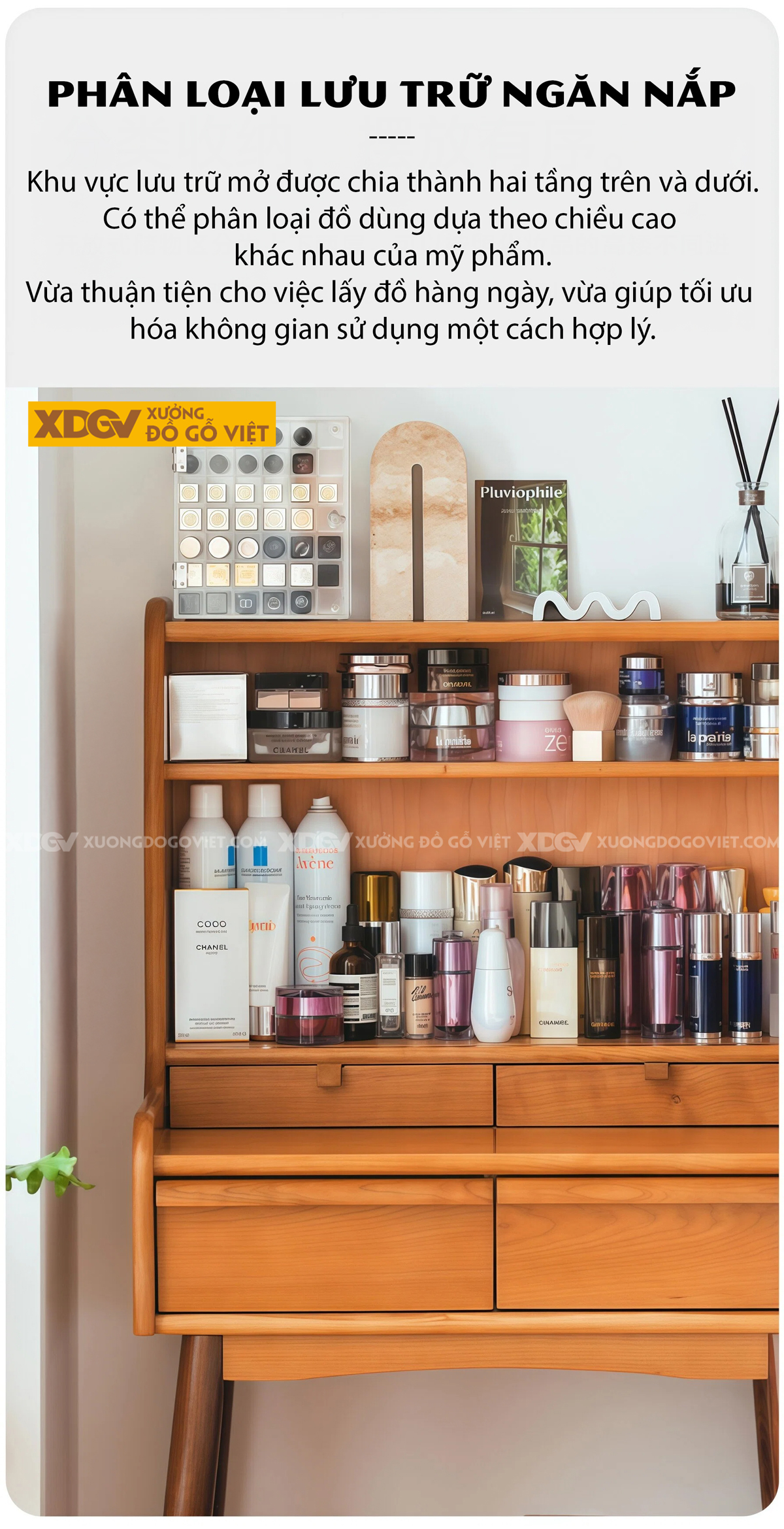 Bộ Bàn Trang Điểm Phòng Ngủ Gỗ Sồi Thiết Kế Đa Tầng Phối Tủ