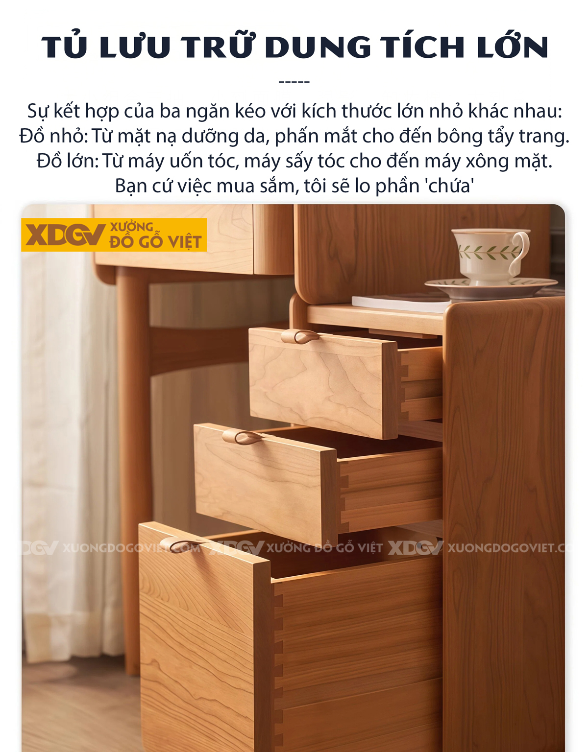 Bộ Bàn Trang Điểm Phòng Ngủ Gỗ Sồi Thiết Kế Đa Tầng Phối Tủ