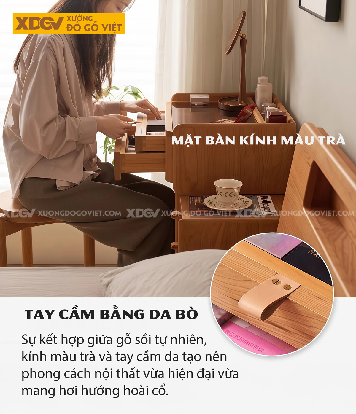 Bộ Bàn Trang Điểm Phòng Ngủ Gỗ Sồi Thiết Kế Đa Tầng Phối Tủ