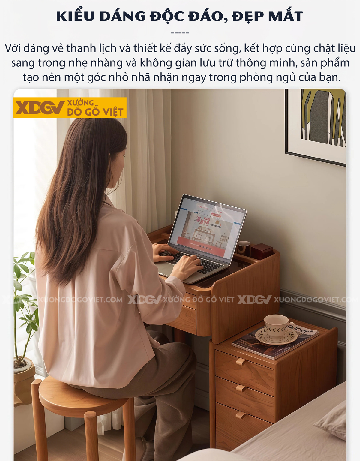 Bộ Bàn Trang Điểm Phòng Ngủ Gỗ Sồi Thiết Kế Đa Tầng Phối Tủ