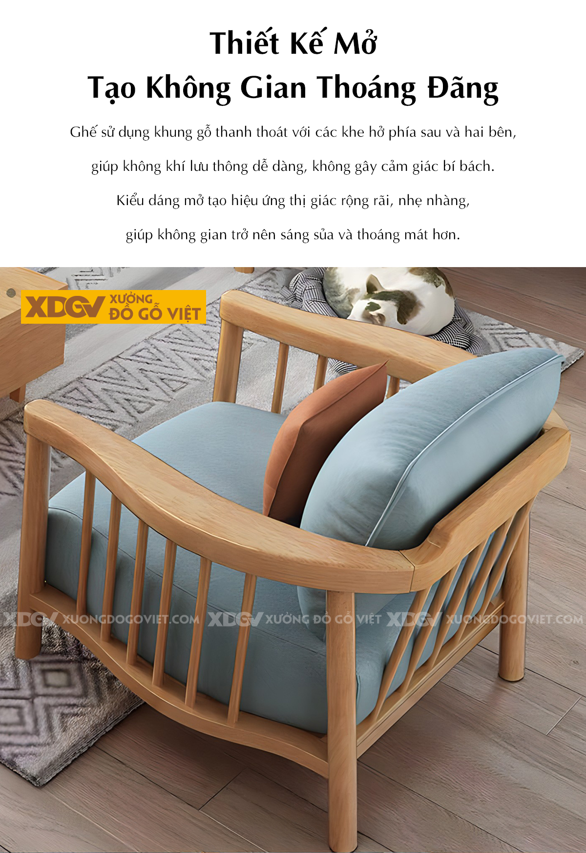 Bộ Ghế Sofa Gỗ Cao Su Tay Uốn Cong Thanh Nan Bọc Nệm Dày