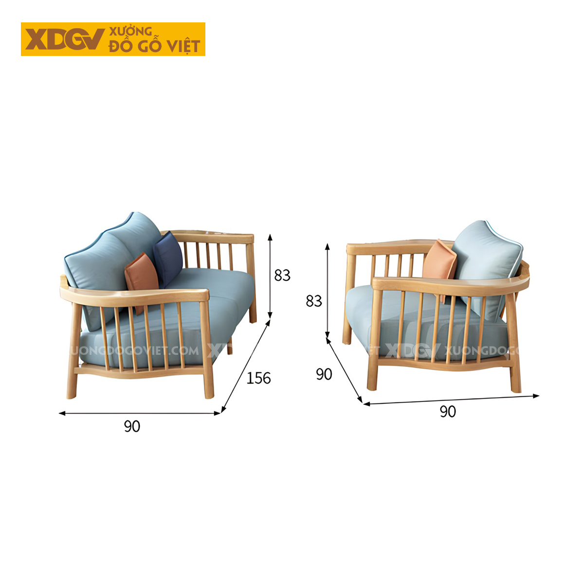 Bộ Ghế Sofa Gỗ Cao Su Tay Uốn Cong Thanh Nan Bọc Nệm Dày
