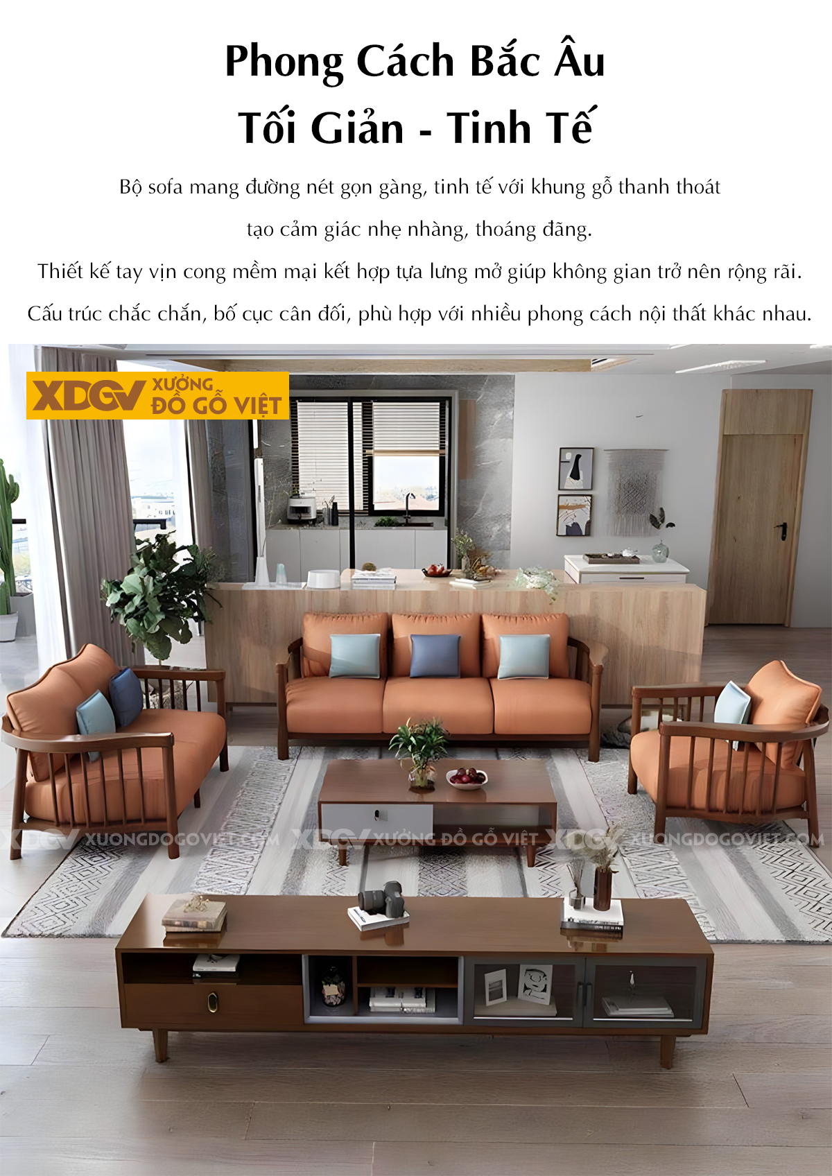 Bộ Ghế Sofa Gỗ Cao Su Tay Uốn Cong Thanh Nan Bọc Nệm Dày