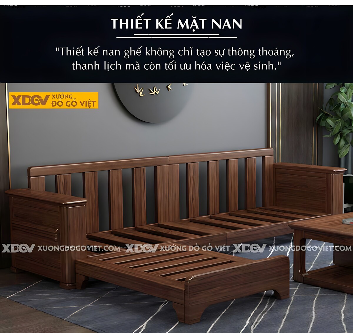 Bộ Ghế Sofa Gỗ Óc Chó Hiện Đại Mặt Nan Bọc Nệm Dày Cao Cấp
