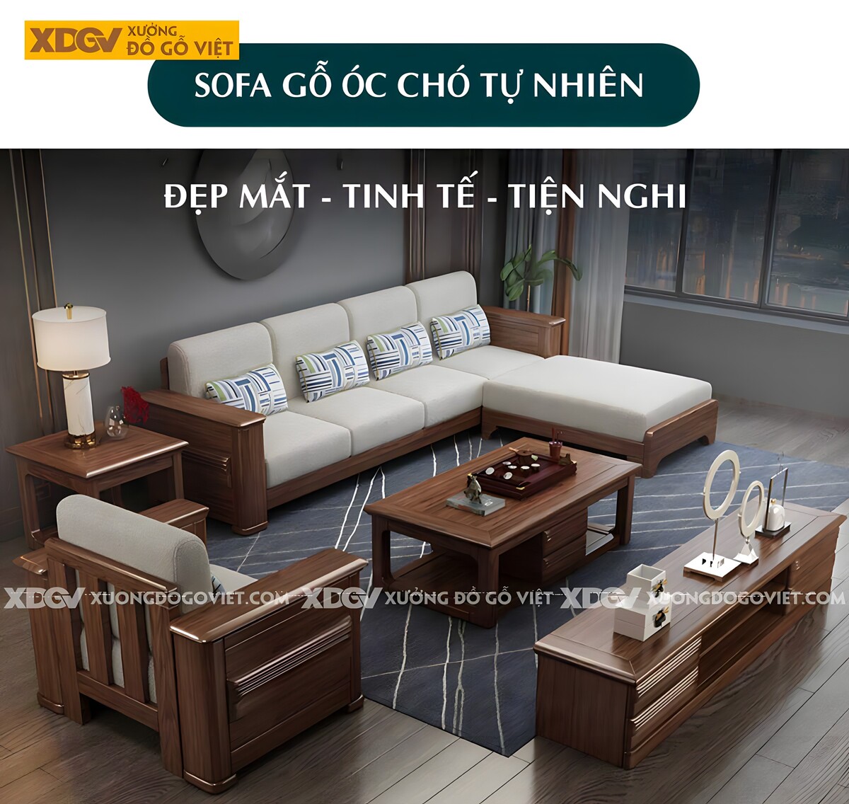 Bộ Ghế Sofa Gỗ Óc Chó Hiện Đại Mặt Nan Bọc Nệm Dày Cao Cấp