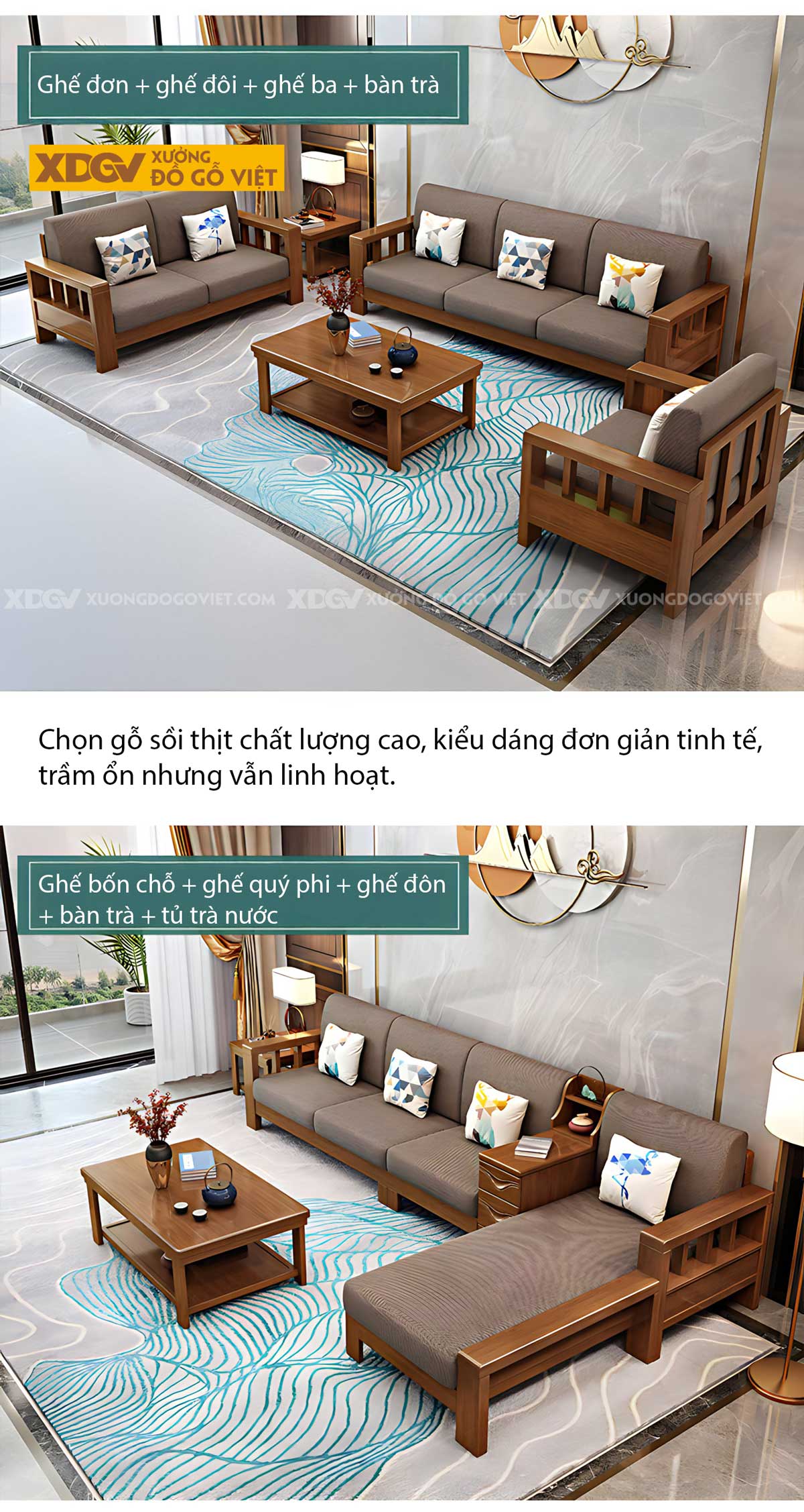 Bộ Sofa Chung Cư Gỗ Sồi Tự Nhiên Ghế Tựa Nan Đơn Giản