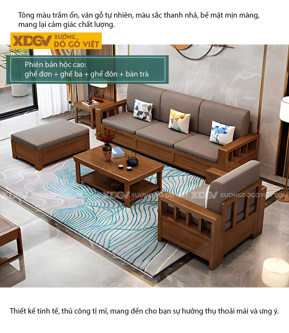 Bộ Sofa Chung Cư Gỗ Sồi Tự Nhiên Ghế Tựa Nan Đơn Giản