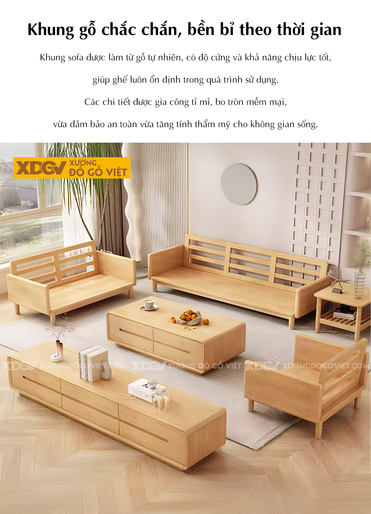 Bộ Sofa Gỗ Cao Su Tay Ghép Tấm Liền Mạch Bọc Nệm Cao Cấp