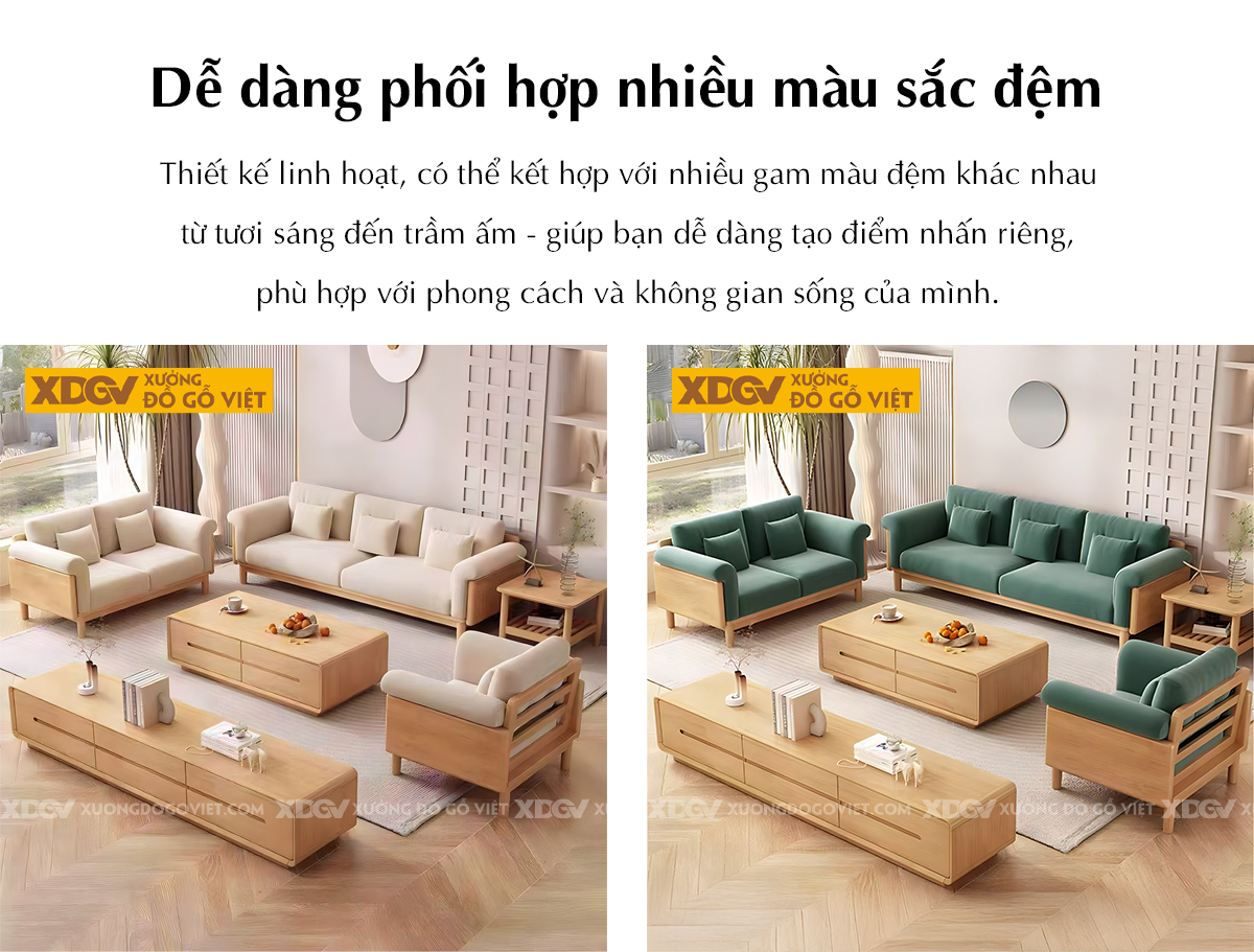Bộ Sofa Gỗ Cao Su Tay Ghép Tấm Liền Mạch Bọc Nệm Cao Cấp