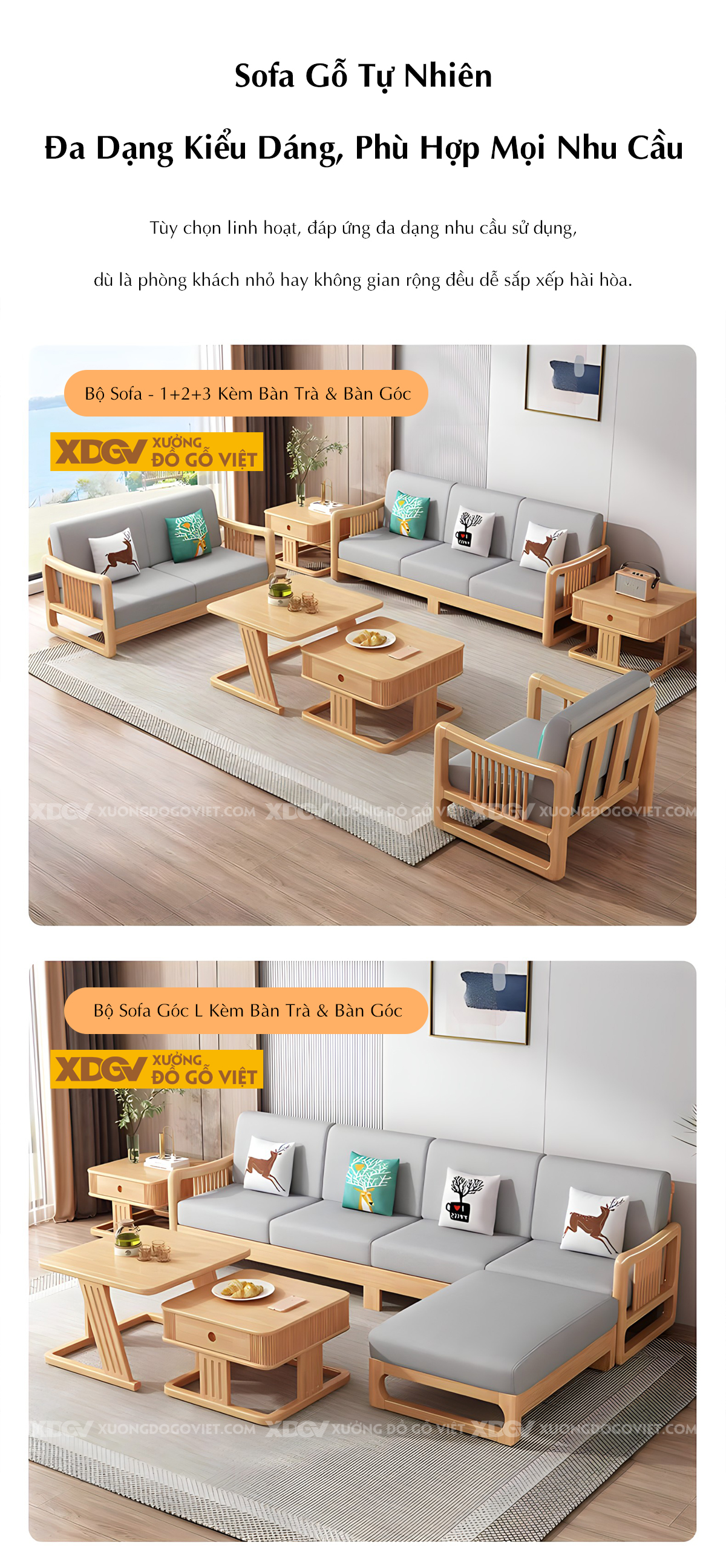 Bộ Sofa Gỗ Cao Su Tay Vịn Nan Dọc Bo Tròn Góc Liền Chân