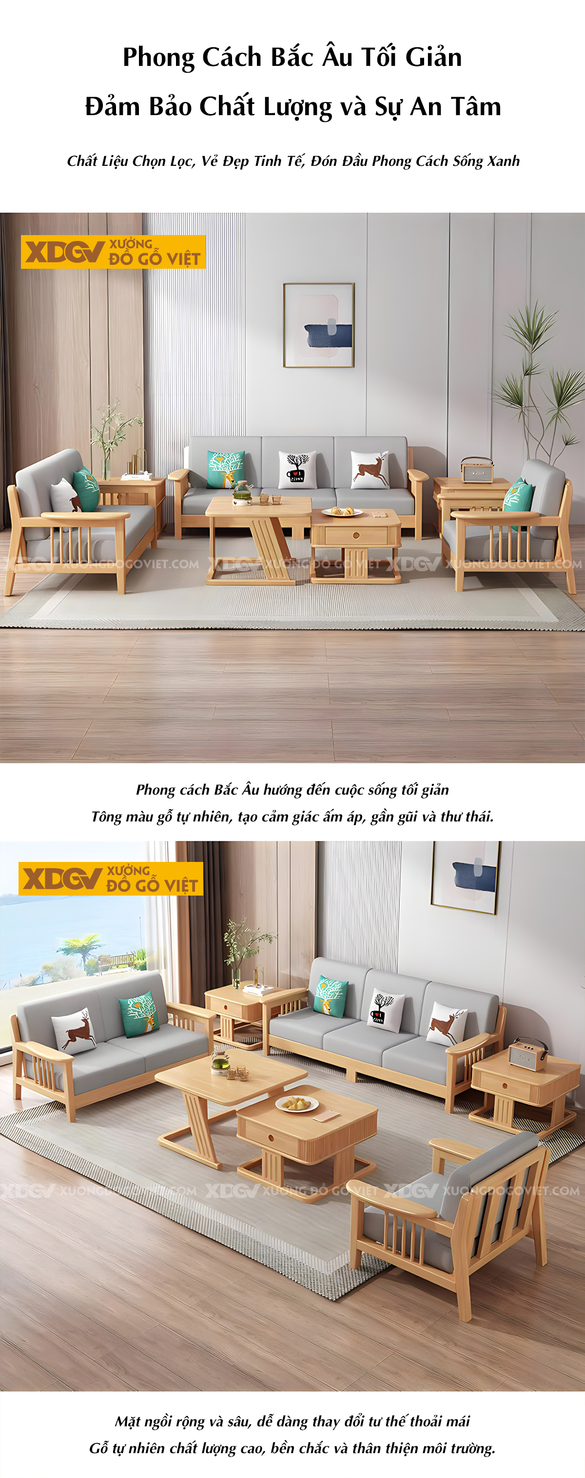 Bộ Sofa Gỗ Cao Su Tay Vịn Nan Dọc Bo Tròn Góc Liền Chân