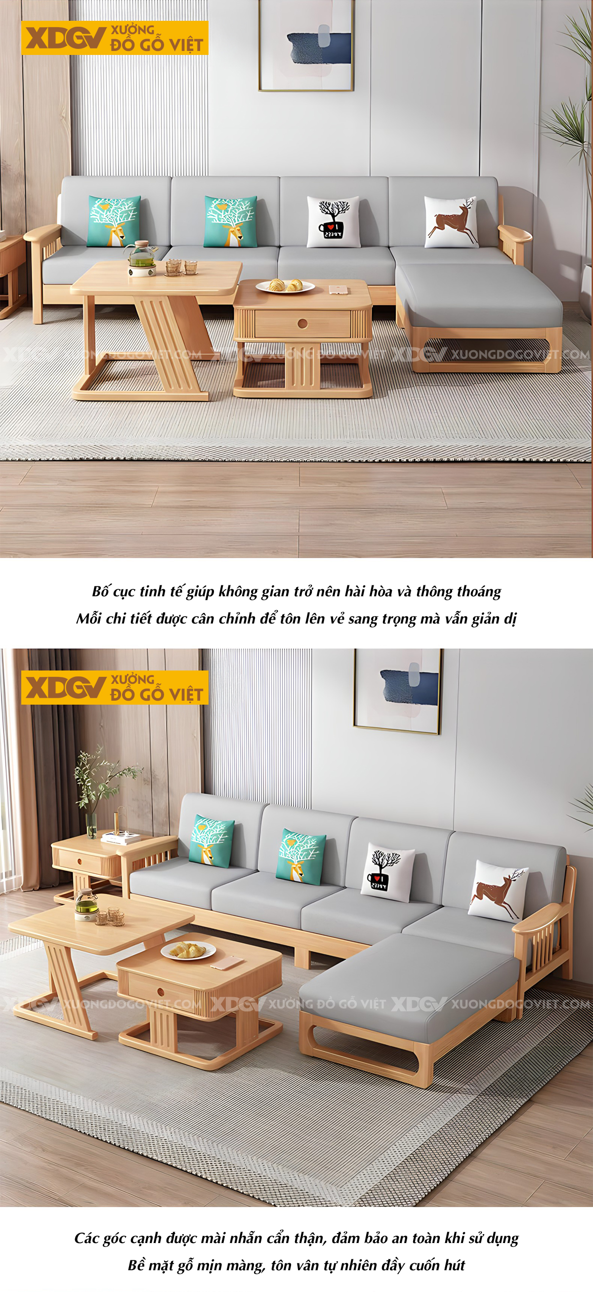 Bộ Sofa Gỗ Cao Su Tay Vịn Nan Dọc Bo Tròn Góc Liền Chân
