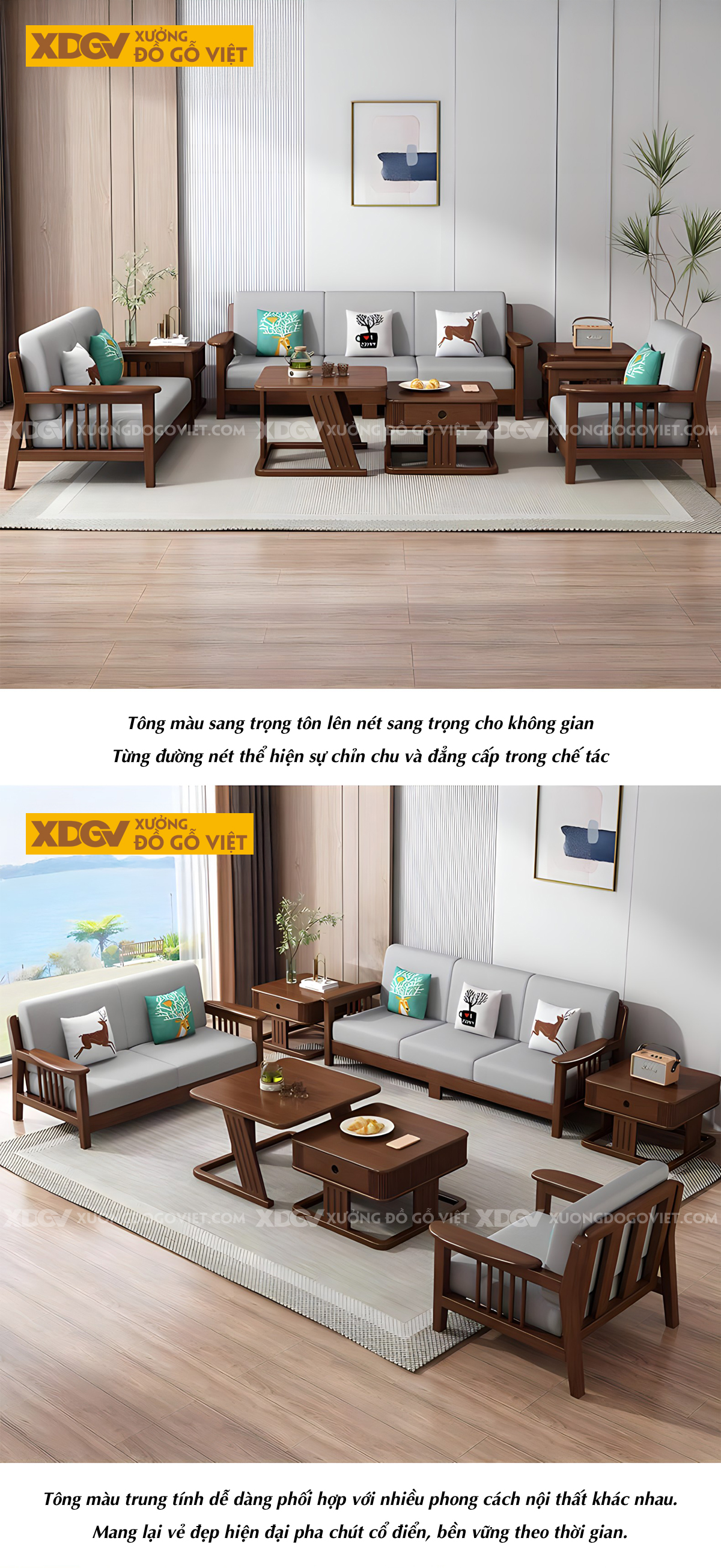 Bộ Sofa Gỗ Cao Su Tay Vịn Nan Dọc Bo Tròn Góc Liền Chân
