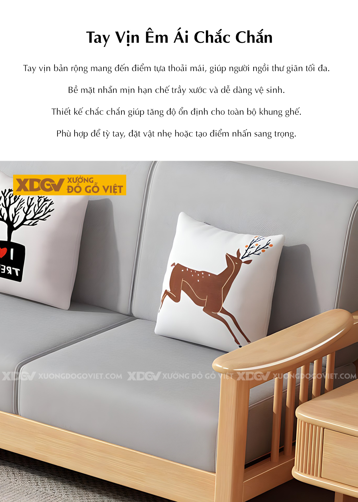 Bộ Sofa Gỗ Cao Su Tay Vịn Nan Dọc Bo Tròn Góc Liền Chân