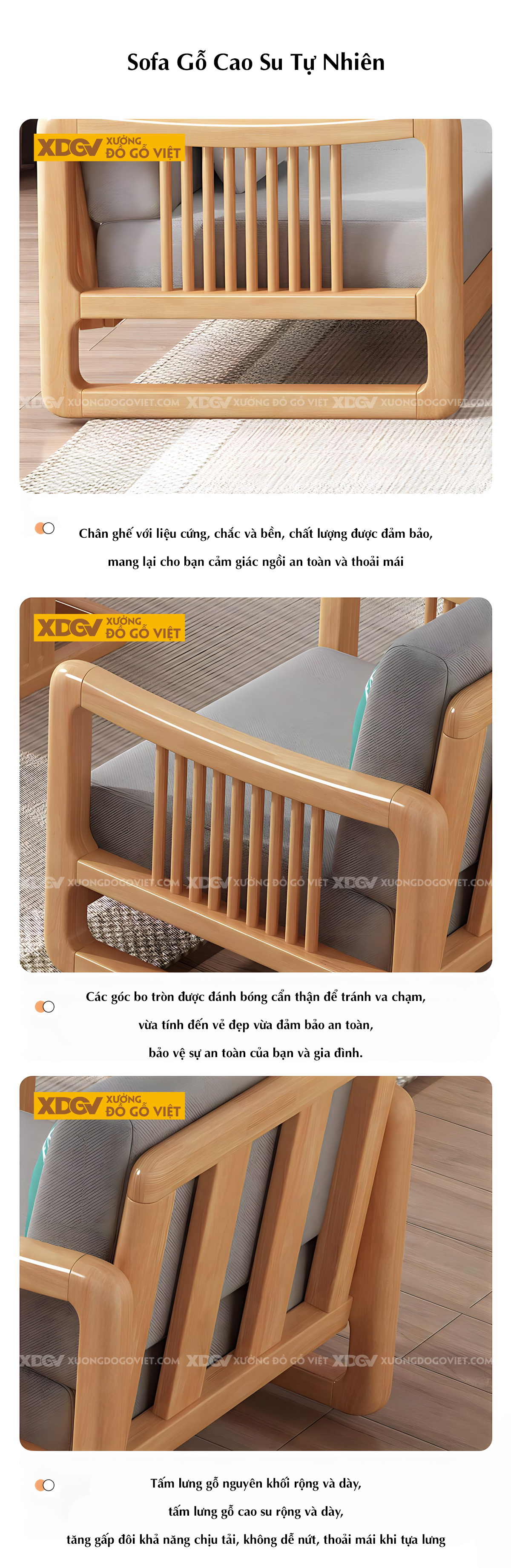 Bộ Sofa Gỗ Cao Su Tay Vịn Nan Dọc Bo Tròn Góc Liền Chân