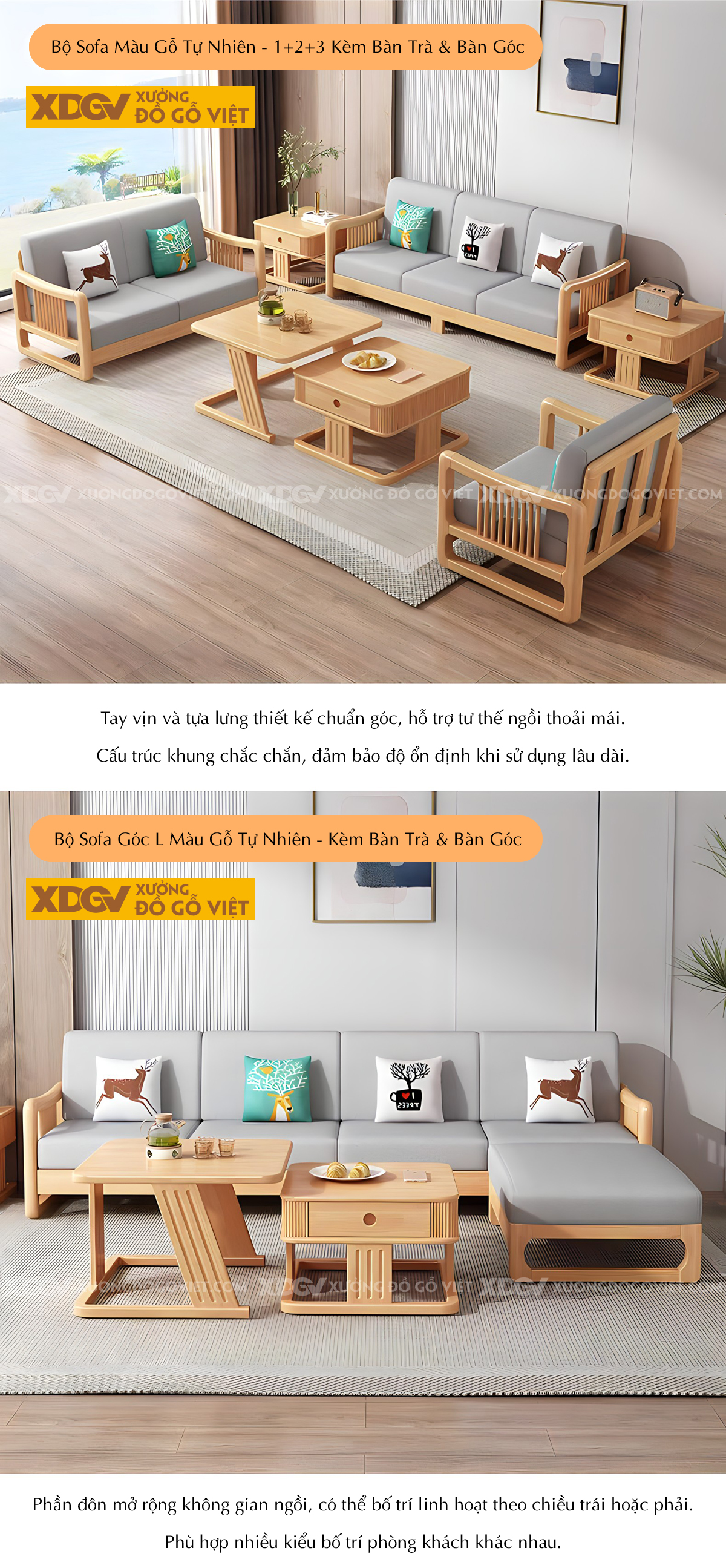 Bộ Sofa Gỗ Cao Su Tay Vịn Nan Dọc Bo Tròn Góc Liền Chân